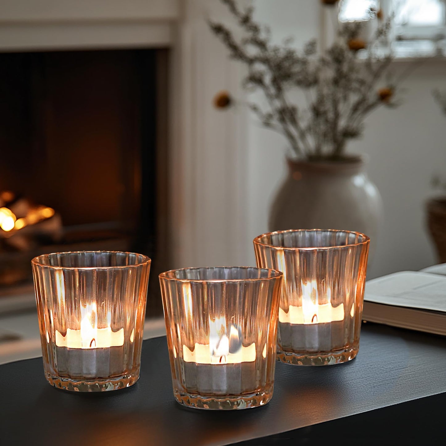 ComSaf Votive Candle Holders, 6 PCS Glass Candle Holders, Ribbed Tealight Candle Holder for Table Centerpieces, Gold Candle Holder for Wedding, Party, Baby Shower, Special Occasions, Fall Home Decor