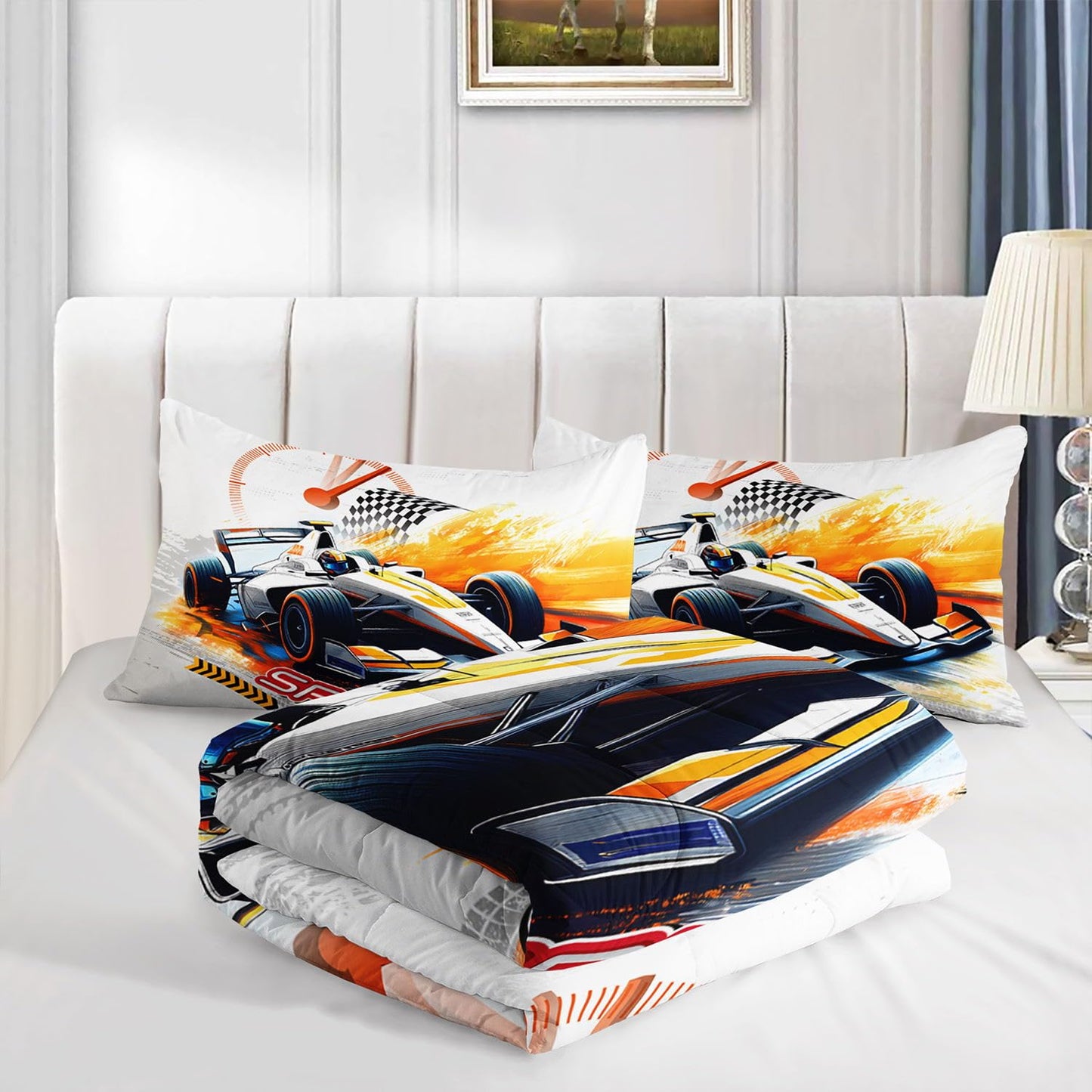 Smell Sunshine Racing Car Comforter Set Extreme Sports Printed Bedding Set with 1 Comforter and 2 Pillowcases for Boys and Girls Bedroom All Season(Car Twin)
