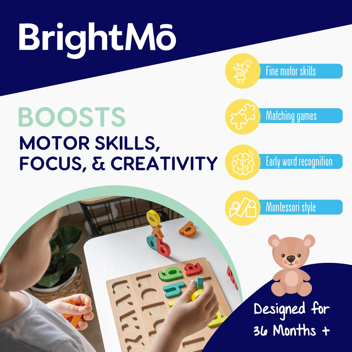 BrightMō 8-in-1 Montessori Wooden Activity Toy for 3 Year Old Boys & Girls – Alphabet, Numbers, Shape Sorting & Xylophone – Preschool Educational Learning Set
