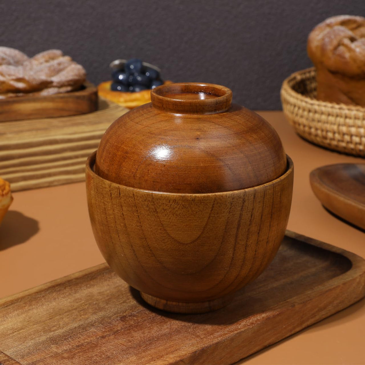 Baluue Japanese Style Wooden Rice Bowls with Lids Set of 2 3.93In Small Soup Serving Bowls for Salad Miso Soup and Snacks Lightweight Tableware for Home and Restaurant Use