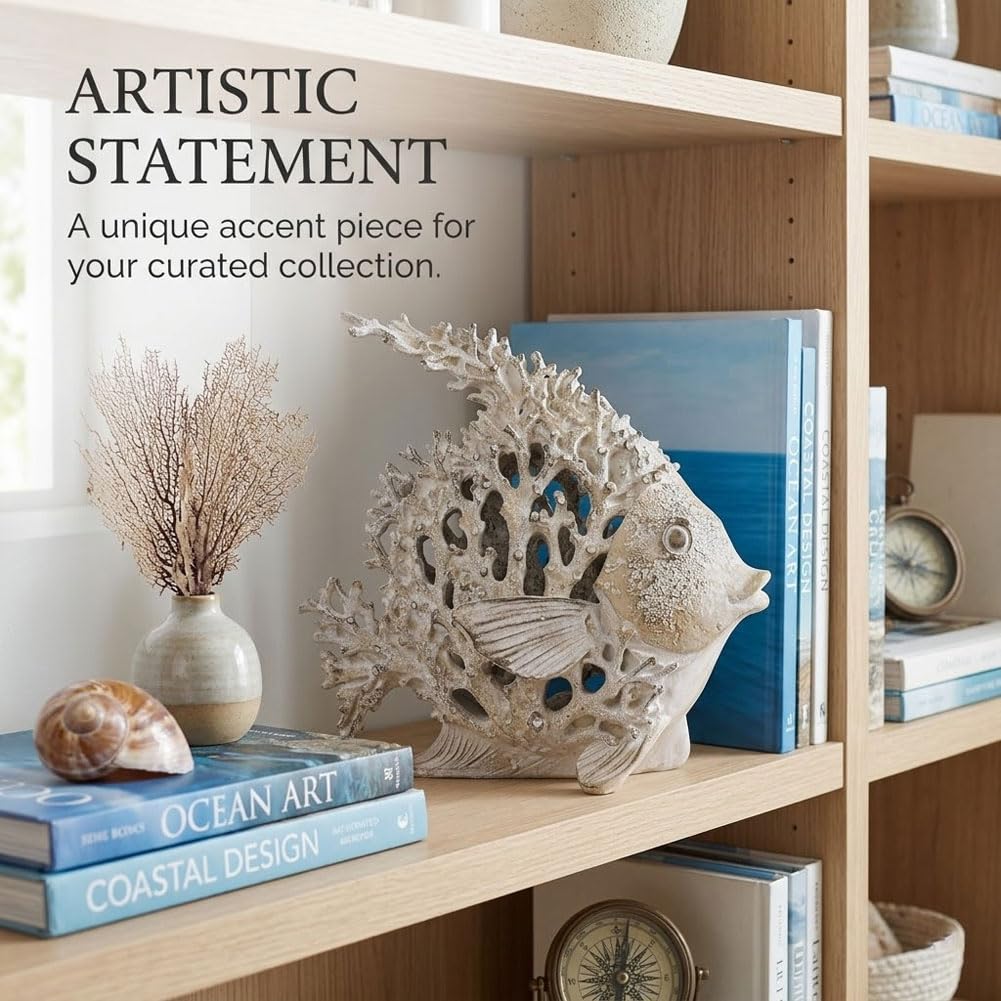QIANLING Beach Coastal Decor Coral Reef Angelfish Figurines, Modern Nautical Decor Ocean Centerpieces for Living Room, Bathroom, Office, Coffee Table, Beach House, Seaside, Entrance, Shelf Decorative