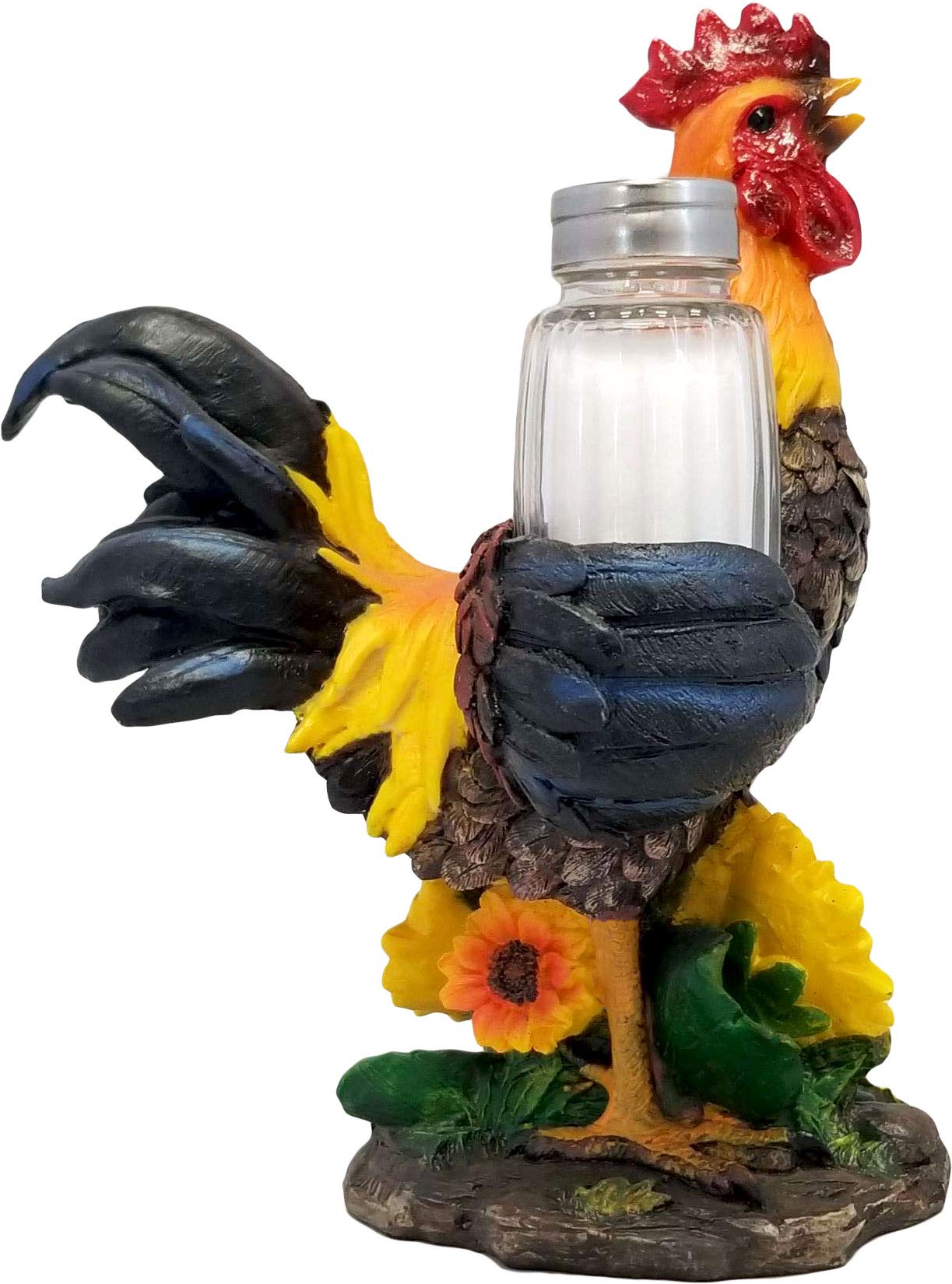 DWK 8-inch Spice to Crow About Country Rooster Salt and Pepper Shaker Figurine Display Holder Kitchen and Dining 3-Piece Set