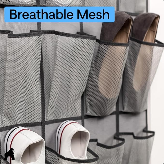 GORILLA GRIP Over the Door Shoe Organizer, 2 Pack, 24 Breathable Mesh Pockets