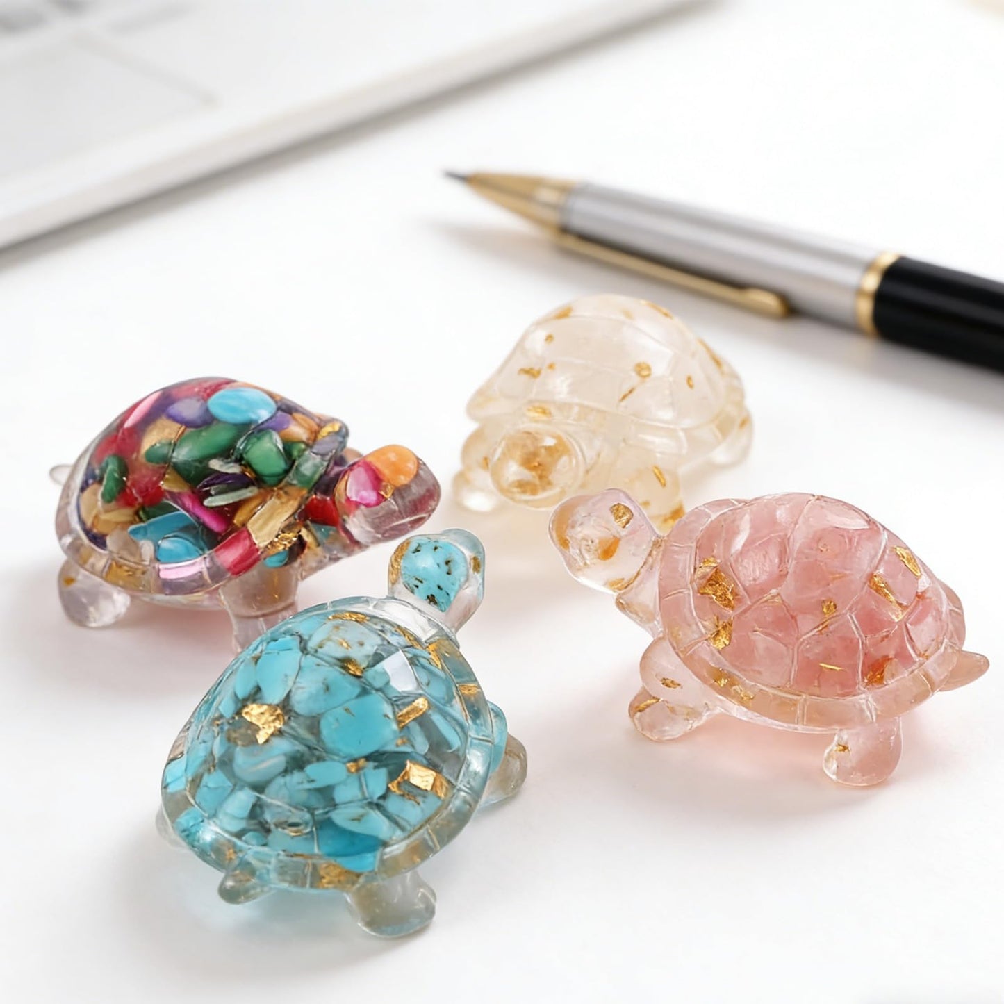 EupHHonycs 4Pcs Crystal Turtle Mini Handmade Crystal Turtle Sea Mini Resin Turtles for Home Office Fish Tank Colorful Healing Crystals Animal Statue Desk Shelf or Meditation Space