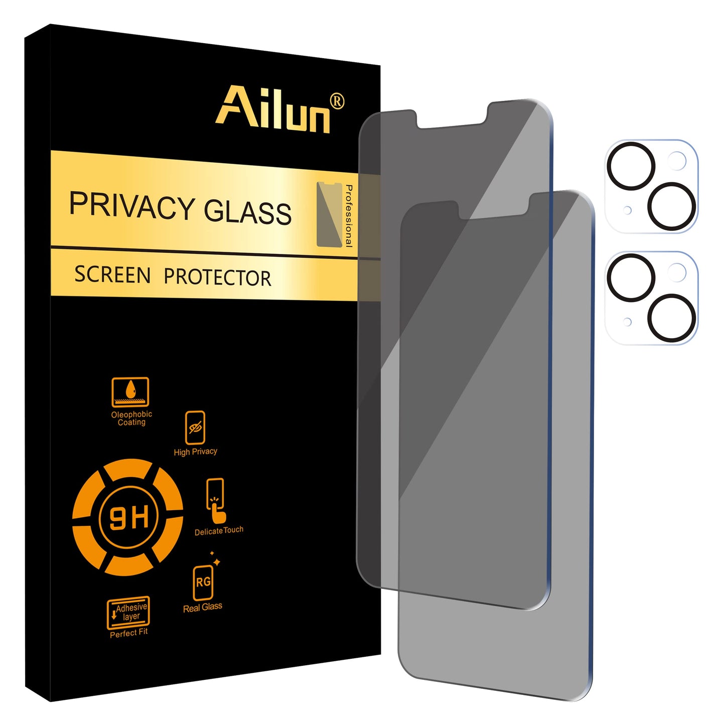 Ailun 2Pack Privacy Screen Protector Compatible for iPhone 14 Pro Max [6.7 inch] + 2 Pack Camera Lens Protector, Anti Spy Private Tempered Glass Film, Case Friendly, [9H Hardness] - HD