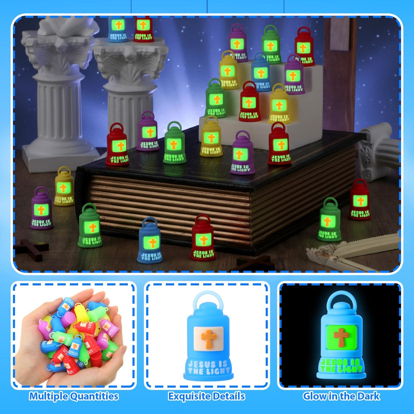 Halloscume 100 Pcs Vbs 2026 Jesus is The Light Lanterns Figures Glow in Dark Jesus Lights The Way Sign Christian Religious Gift Hide and Seek Sunday School Favor (Partially Glowing,Multicolor)