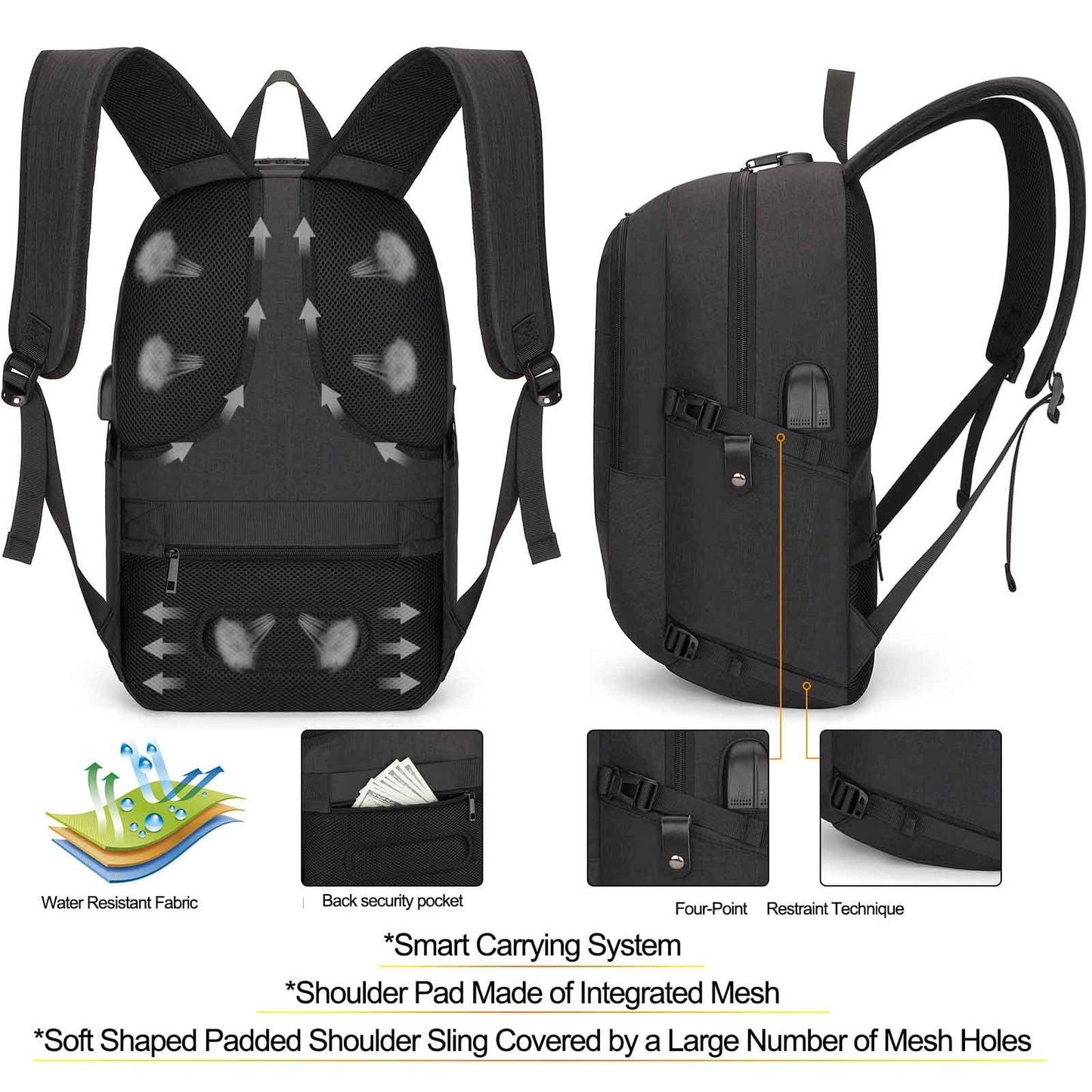 Tzowla Laptop Travel Backpack Mens Womens Water Resistant Anti-Theft Bag with USB Charging Port and Lock 15.6 Inch Computer Business Backpacks for School Work College Gift,Casual Daypack-Black