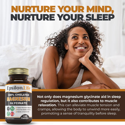 Epsilon Magnesium Glycinate Supplements - Chelated Mg Bisglycinate Supplement - 120 Easy to Take Vegan Capsules - 500mg Unbuffered Magnesium-Glycinate per Capsule - UK-Made