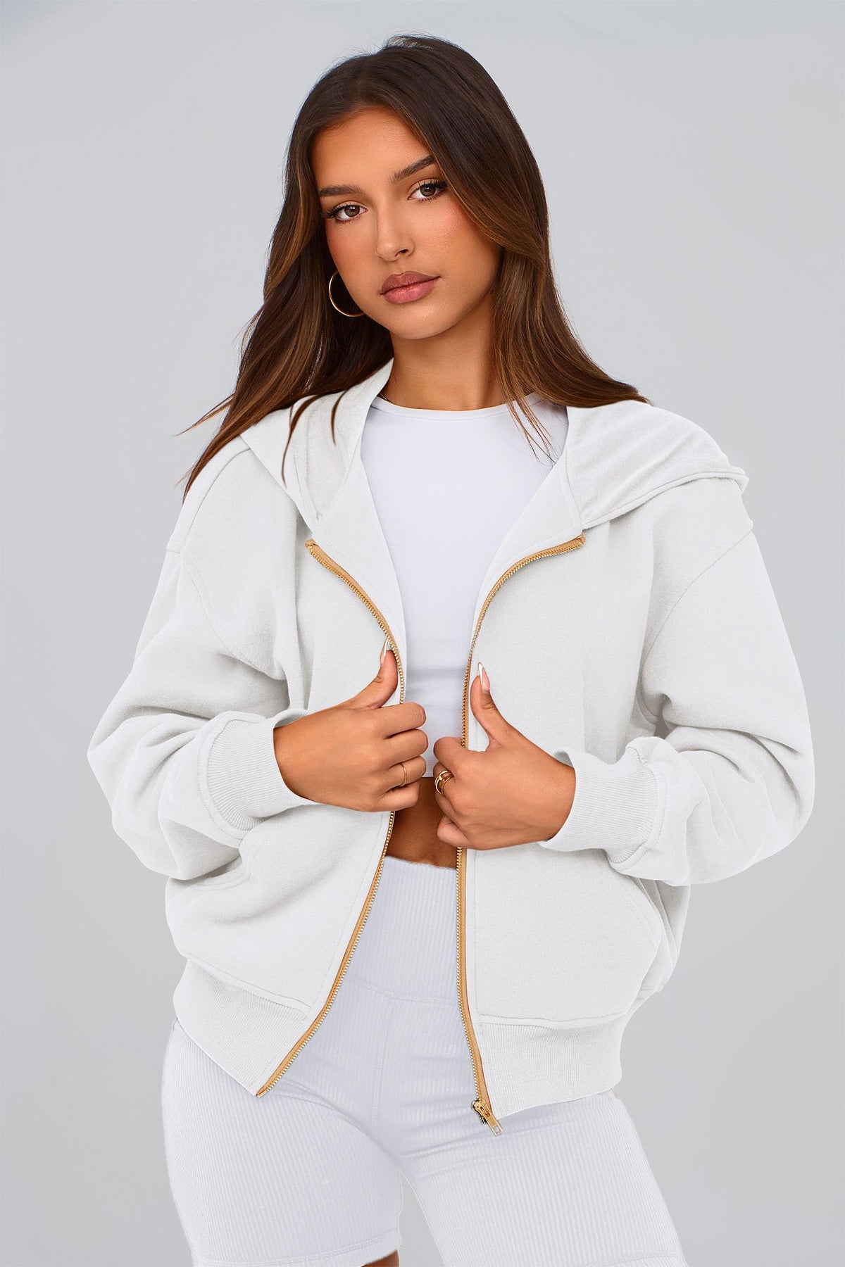 PRETTYGARDEN Women's Zip Up Hoodie Sweatshirt Y2K Fall Fashion Long Sleeve Loose Fit Casual Trendy Jackets Winter Clothing (White,Small)