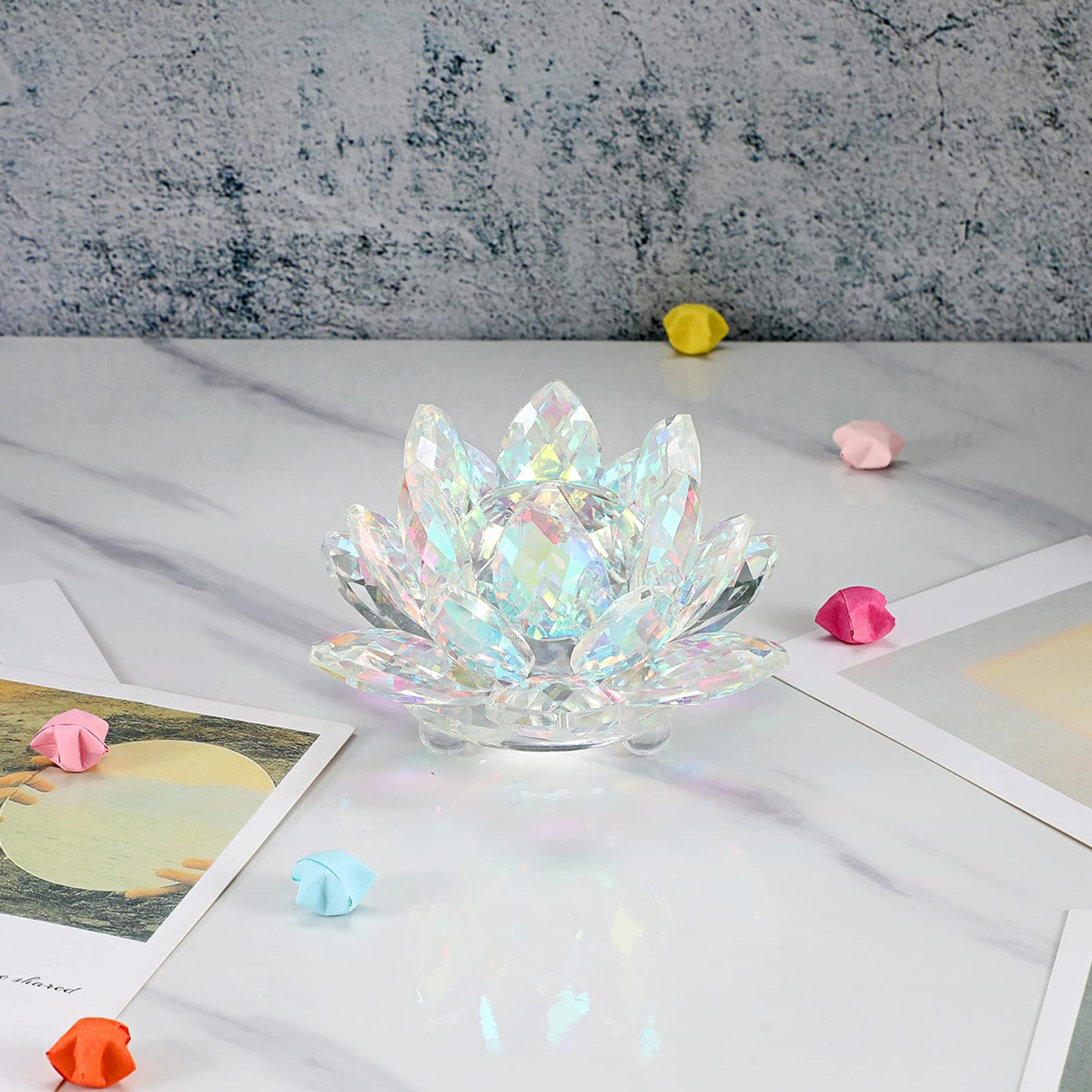 OwnMy 4 Inch Sparkle Crystal Lotus Flower Figurines Decorative Lotus Flower Ornament, Glass Lotus Feng Shui Decor Crystal Flower Paperweight for Home Office Tabletop Centerpieces