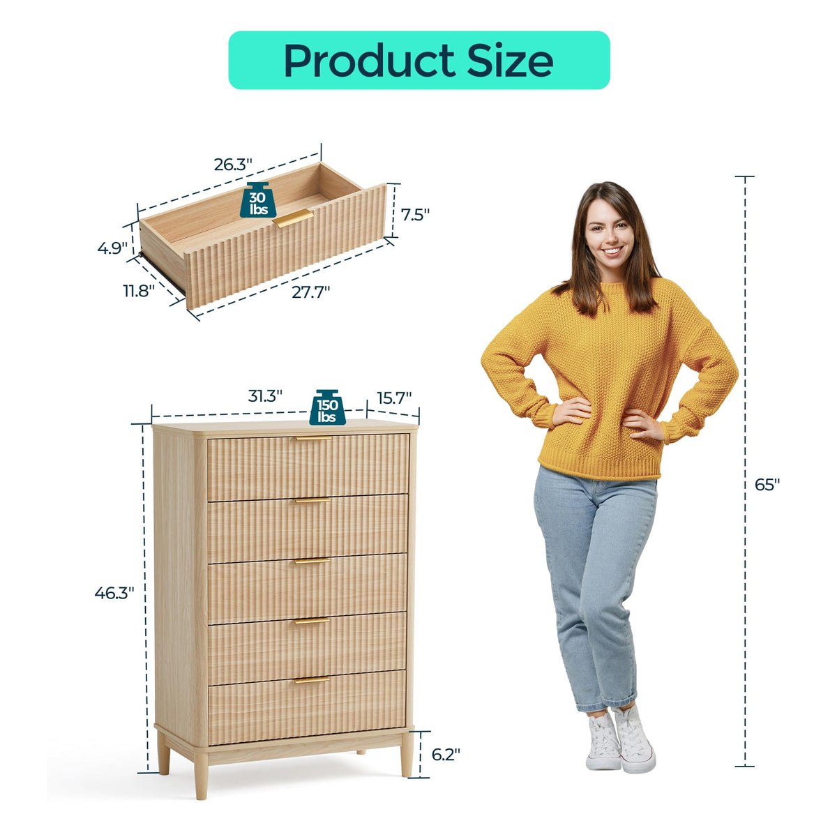 LINSY Fluted 5 Drawer Dresser for Bedroom, 46" Tall Mid-Century Modern Chest of Drawers, Deep Storage Dresser with Curved Corner Design, Large Accent Wood Cabinet for Bedroom, Oak