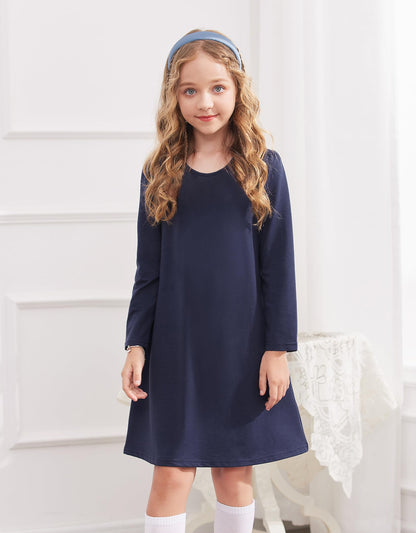 Arshiner Girls Dress Kids Long Sleeve Solid Color Casual T-Shirt Dress Navy Blue Tween 10-11 Years