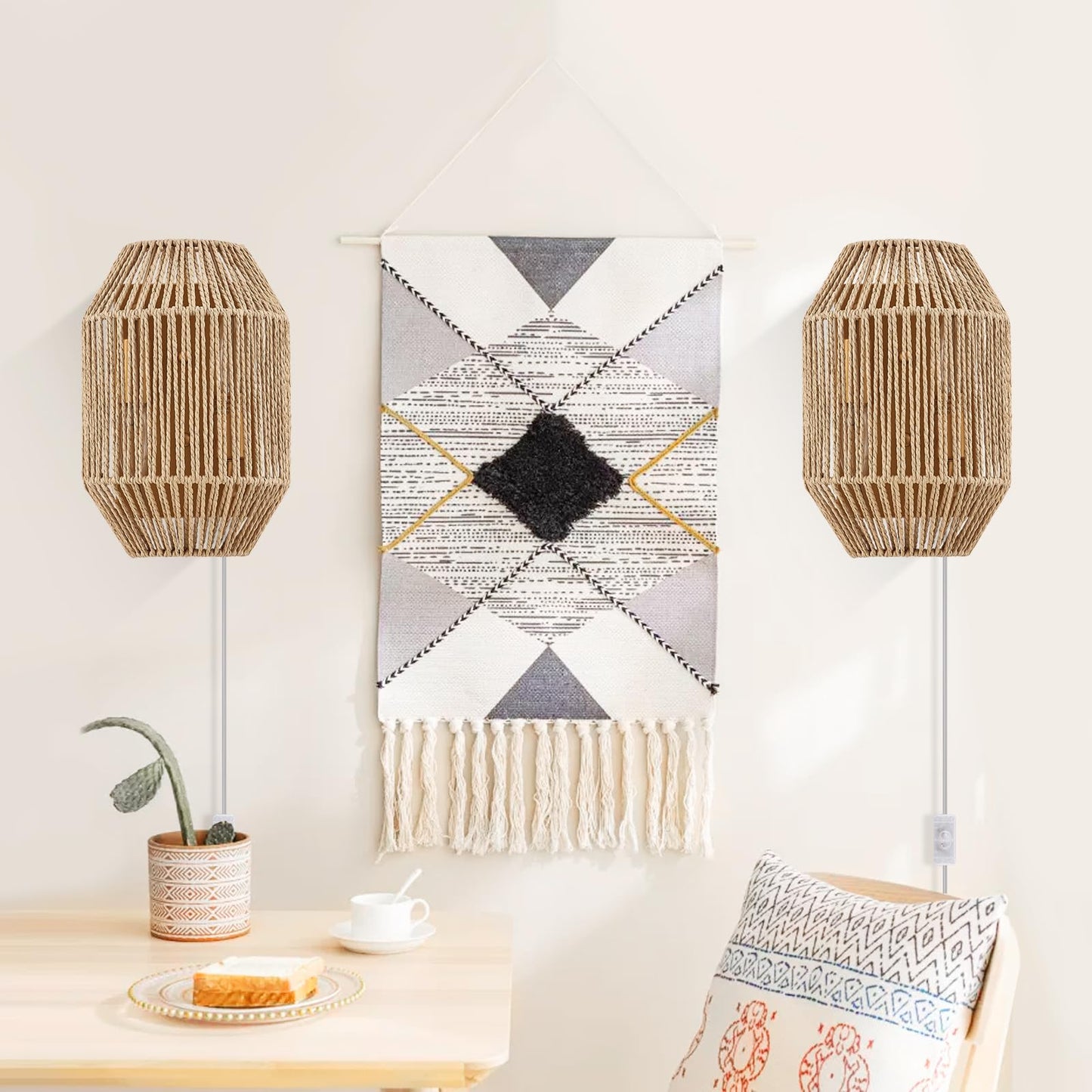 MhyTogn Natural Rattan Plug-in Wall Sconce Set of 2, with Boho Woven Wicker Shade Antique Brass Brush Paint Finish for Vanity Stairway Fireplace Living Room Bedside Passway Hallway