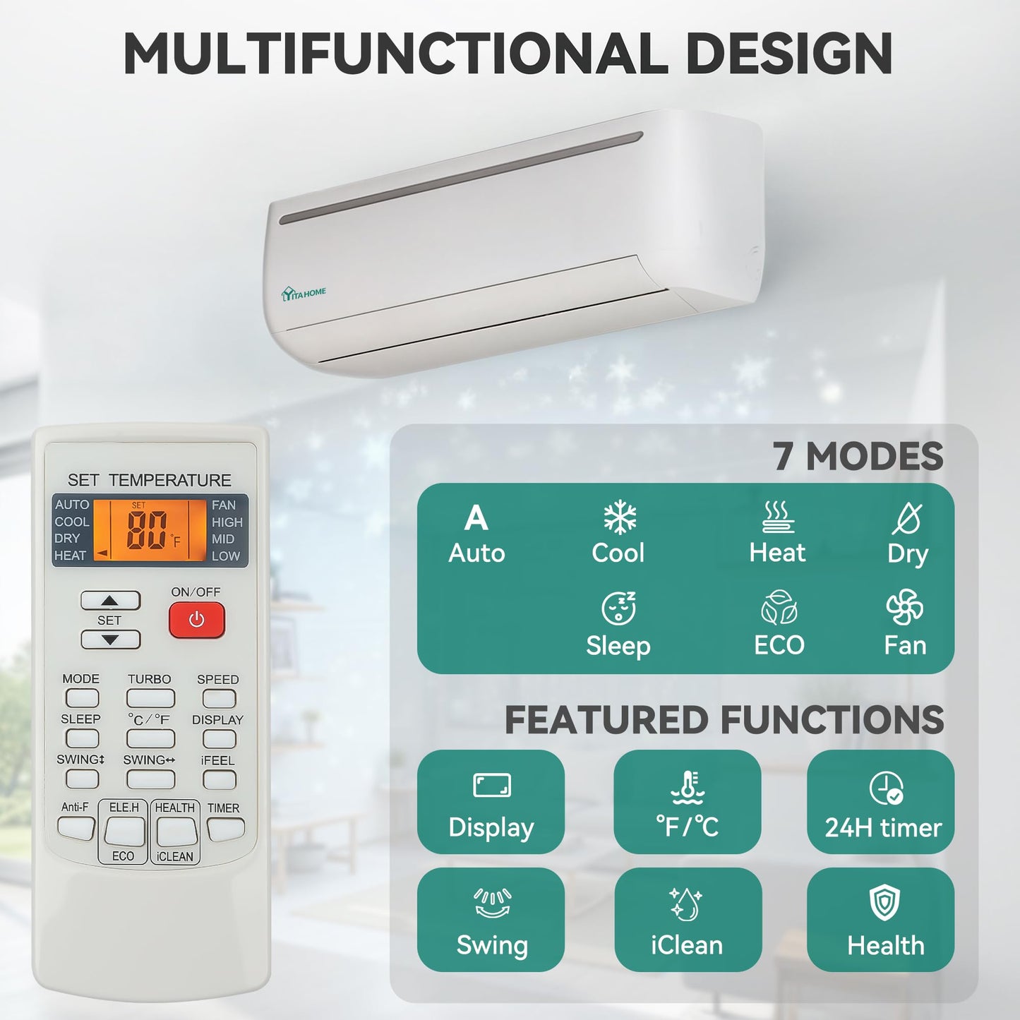 YITAHOME 12000 BTU Mini Split AC Heating System, 20 SEER2 115V Ductless Air Conditioner with Wi-Fi & Alexa Compatibility, Covers Up to 750 Sq. Ft, Energy Efficient Inverter AC with Heat Pump