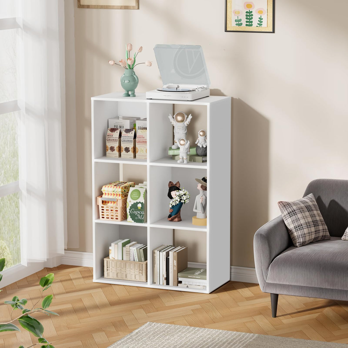 Nestwise 6 Cube Storage Organizer, Open Bookshelf Storage Cubes Shelf with Back Panel, Wooden Display Shelf Bookcase Standing Shelves for Living Room, Bedroom, Home Office (White, 6-Cube)