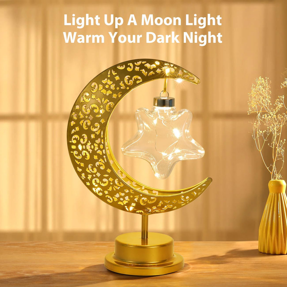 Lewondr Decorative Table Lamp, Battery Powered Ramadan Desk Lamp Decorations Crescent Table Light Lunar Star Moon Lantern for Bedside Nightstand Desktop Room Party, Eid Mubarak Decor, Warm Light