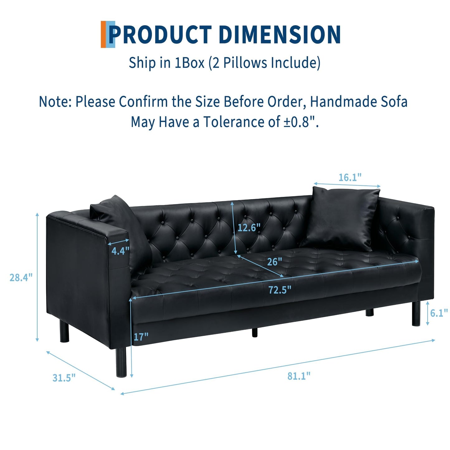 IDEALHOUSE Mid Century Modern Sofa 81 Inch – 3 Seater Faux Leather Couch with Button Tufted Back, Deep Seat Design, Upholstered Sofa for Living Room, Apartment or Office, Black