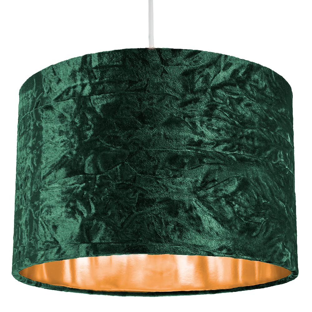 Modern and On-Trend Forest Green Crushed Velvet Fabric 12" Table or Pendant Circular Drum Lampshade with Shiny Copper Inner - 60watt Maximum | Perfect for Residential or Commercial by Happy Homewares
