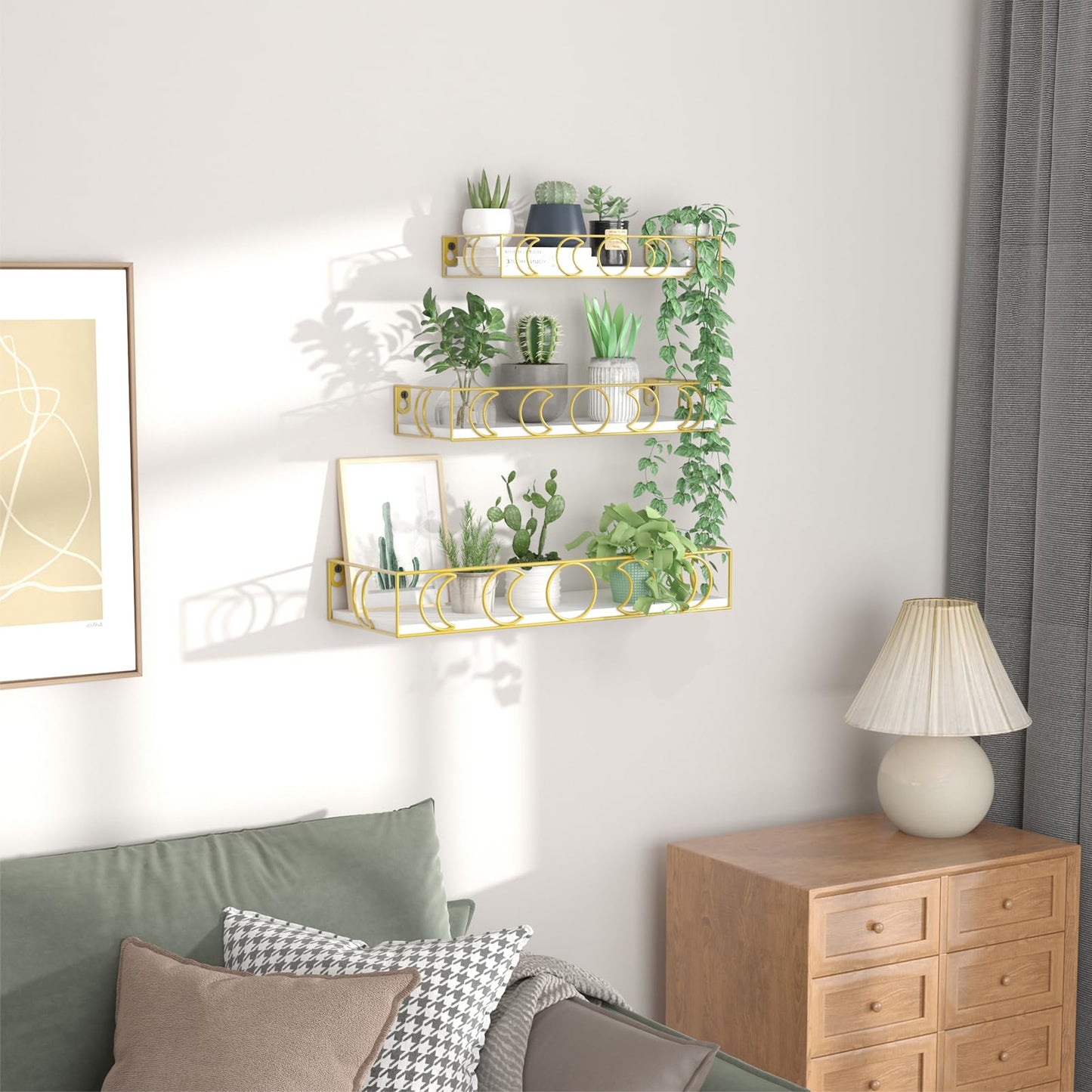 PHAREGE Moon Phase Floating Shelves White Gold, Set of 3 Small Decorative Wall Shelves for Book Plant Storage, Crystal Figurine Collectibles Display Shelf for Bedroom Kid Room