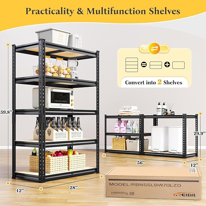 5 Tier Garage Shelving 2020LBS Storage Shelves,Adjustable Heavy Duty Metal Shelving Unit Utility Rack for Garage,Kitchen Pantry Shelf for Warehouse,Closet,Commercial,28" W x 12" D x 59.8" H,Black