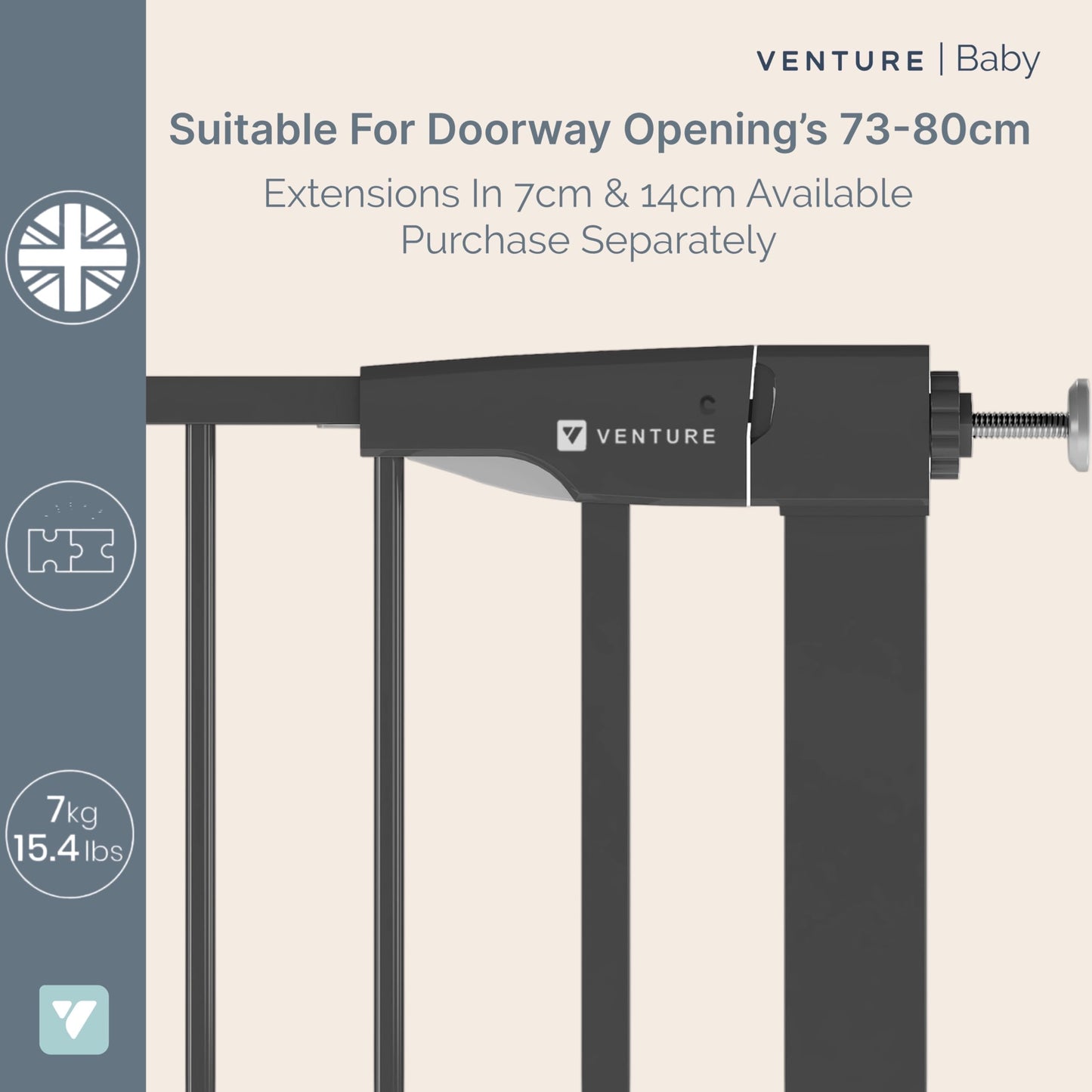 Venture Q-Fix 110cm, 73-80cm wide pressure fit baby gate extra tall safety gate for stairs. Easy Assembly Toddler and pet safety gate. 90° two way open, auto close. (BLACK, QFIX GATE 73-80)