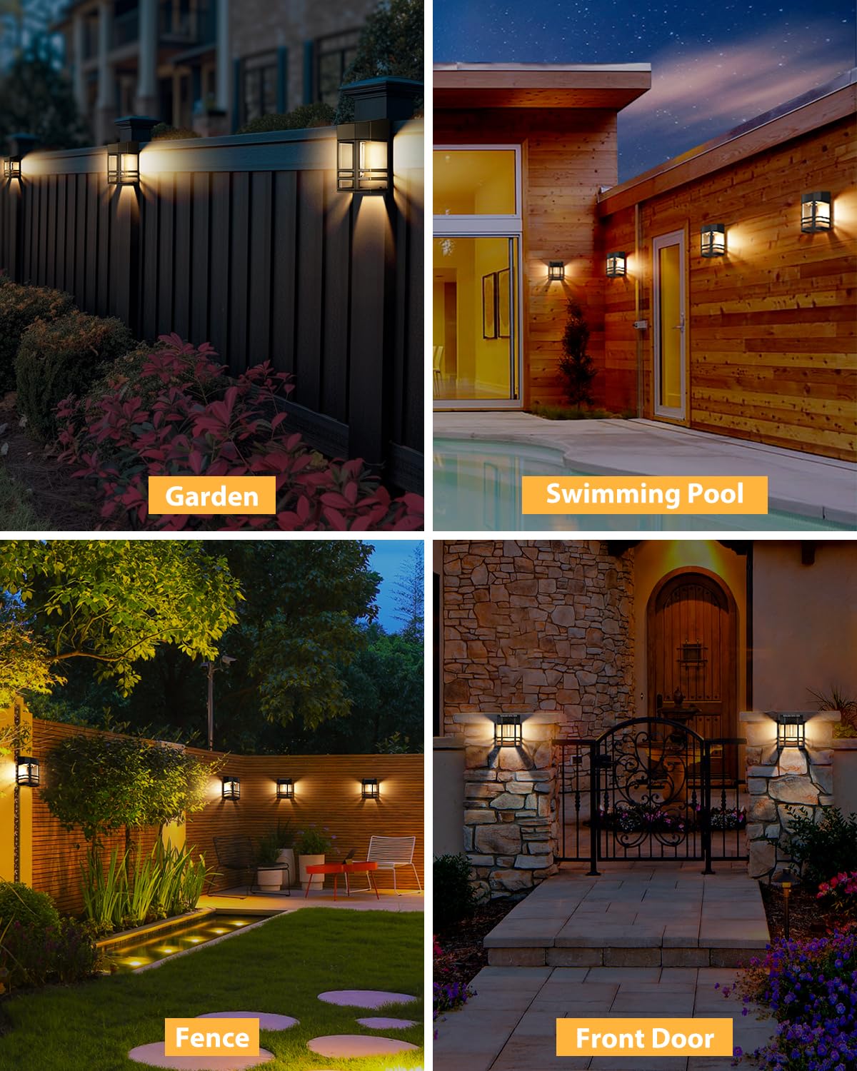 Woolmug 4 Pack Solar Fence Lights Outdoor Garden, Waterproof Retro LED Wall Lights, Auto On/Off Solar Lights Outdoor Garden Fence Lighting for Patio Decking Gate Yard Decoration, Warm White