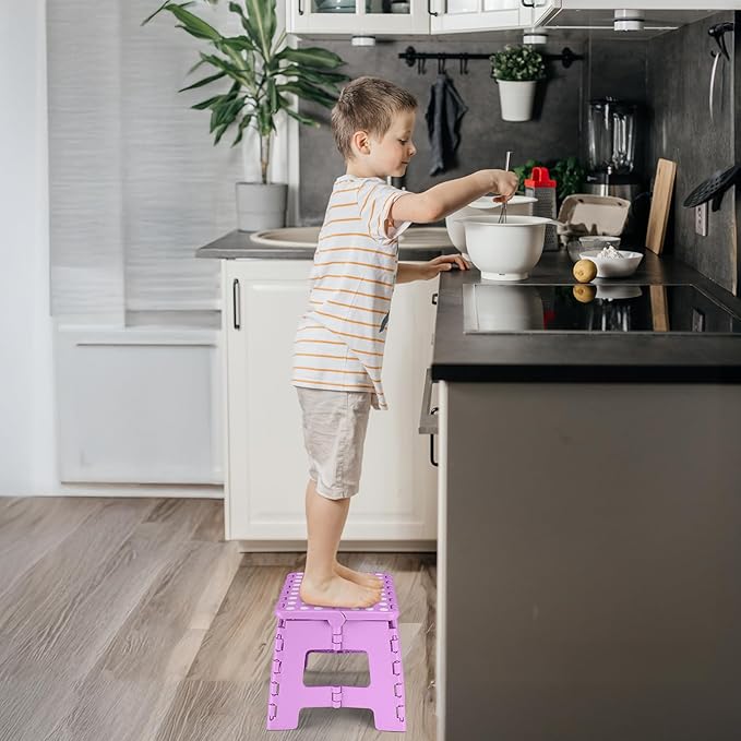 Delxo 9 inch Folding Step Stool, Non-Slip Foldable Small Stools Up to 300 LBS, Kids Step Stool with Handle Lightweight for Kitchen, Bathroom, Bedroom, Garden, Light Purple, 1PC