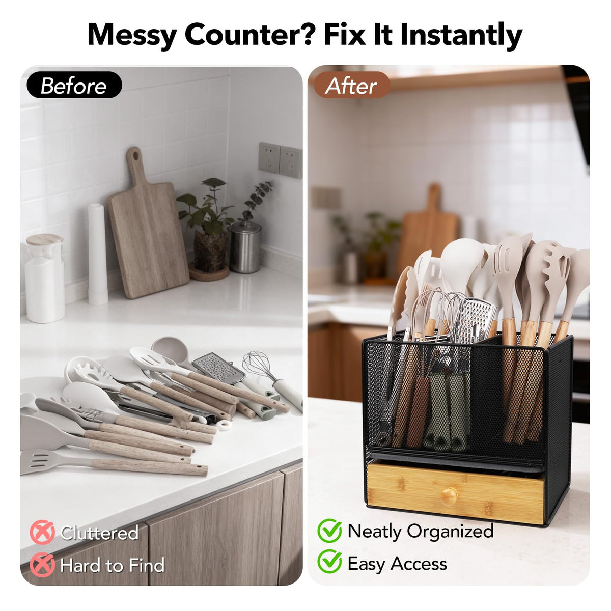 Kitchen Utensil Holder Countertop, Extra Large Utensil Organizer with Drawer, 2-Tier Utensil & Silverware Organizer for Kitchen Counter, Cooking Utensil Cutlery Caddy, Quick Dry Diatomite Base