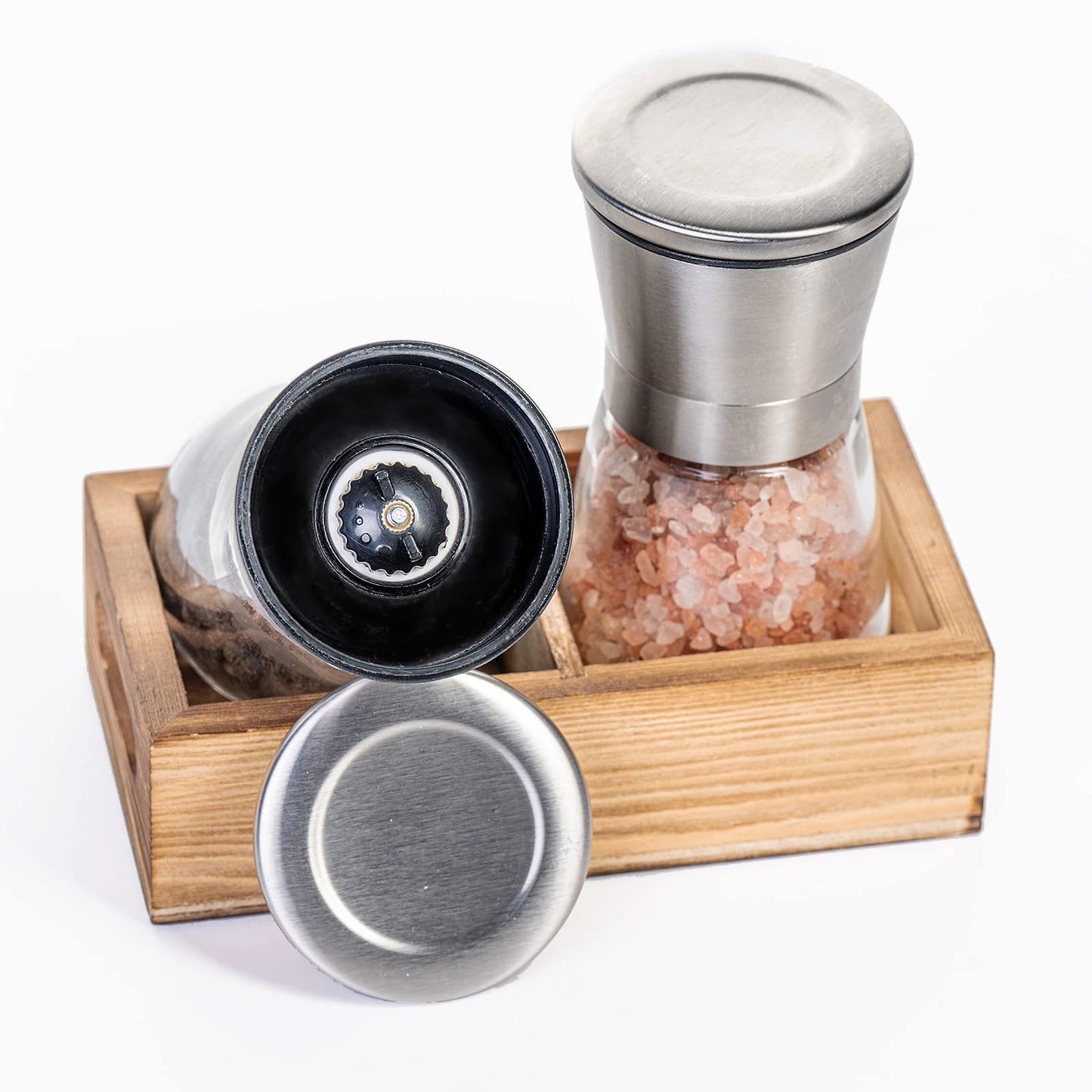 Salt and Pepper Grinder Set with Wood Tray, Manual Sea Salt, Spice and Peppercorn Mill, Glass Container, Stainless Steel Cap, Adjustable Coarseness and Refillable for Modern Farmhouse Kitchen Table