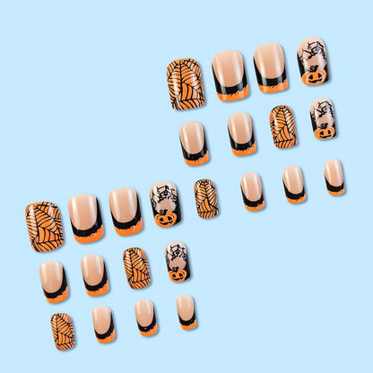 OHWODA Halloween Medium Fake Nails Square Press on Nails Black Spider Web Glue on Nails Halloween Pumpkin Nails Press ons Orange French Halloween Press on Nails for Women DIY Manicure Decorations