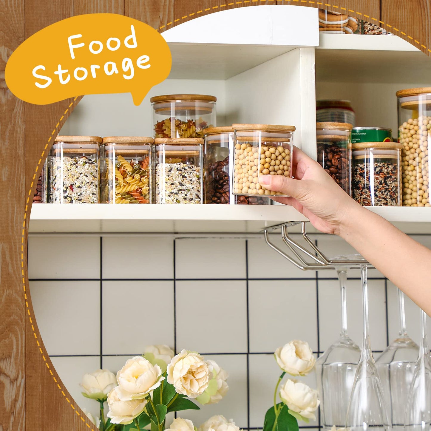 Bokon 24 Pcs Glass Spice Jars with Bamboo Lid 7oz Spice Container with Sticker Labels Pen for Kitchen Sugar Coffee Tea (2.4 x 3.2 inch)