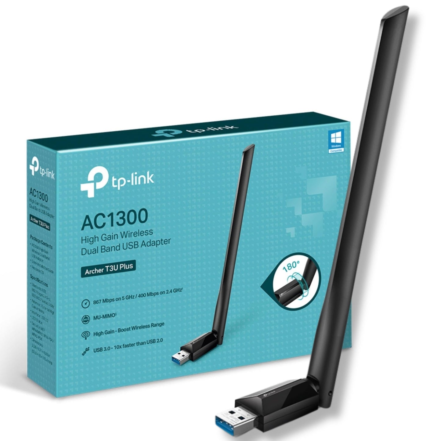 TP-Link Archer T3U Plus WiFi Dongle, AC1300 High Gain Wireless WiFi Adapter, Dual Band USB 3.0 MU-MIMO WiFi Dongle with 5dBi Antenna for PC/Desktop/Laptop, Supports Windows 11/10/8.1/8/7XP, Mac OS