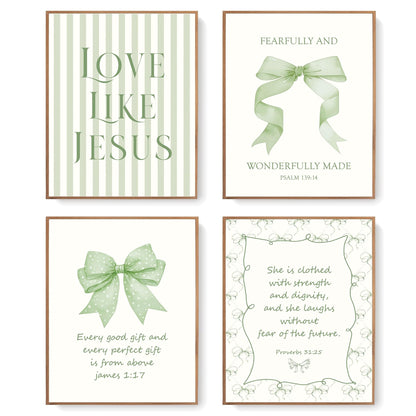 LARTSFRO Coquette Sage Green Bow Jesus Wall Art Decor Posters, Green Bow Christian Room Bedroom Bathroom Wall Art Decor Aesthetic for Teen Girls Gifts, Inspirational Bible Verses Bow Wall Decor, 8x10 Inch Set of 4 Bow Pictures(UNFRAMED)