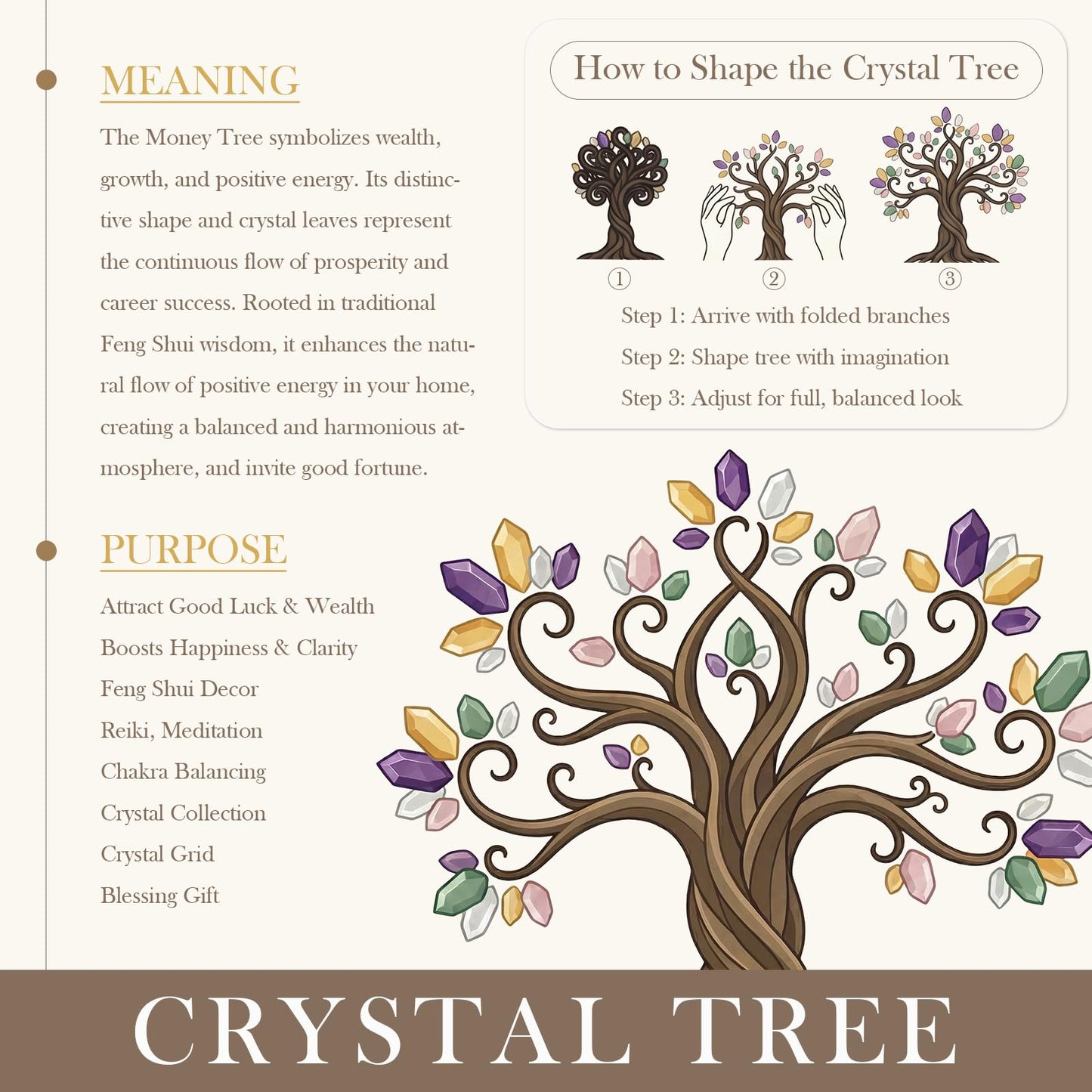 TUMBEELLUWA Healing Crystal Stone Money Tree with White AB Crystal Base Tumbled Stones Bonsai Home & Office Feng Shui Decor for Good Luck and Wealth, Amethyst