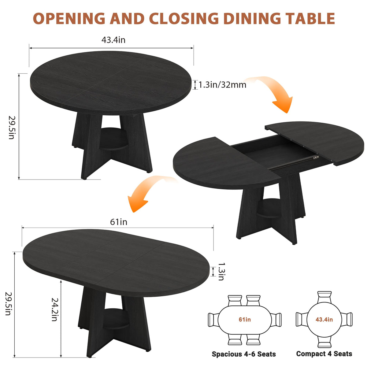 Extendable Dining Table, Round Kitchen Dining Room Dinner Table with for 4 6 8 People, Space Saving Modern Oval Expandale Furniture with Storage and Pedestal for Kitchen Living Room (Black)