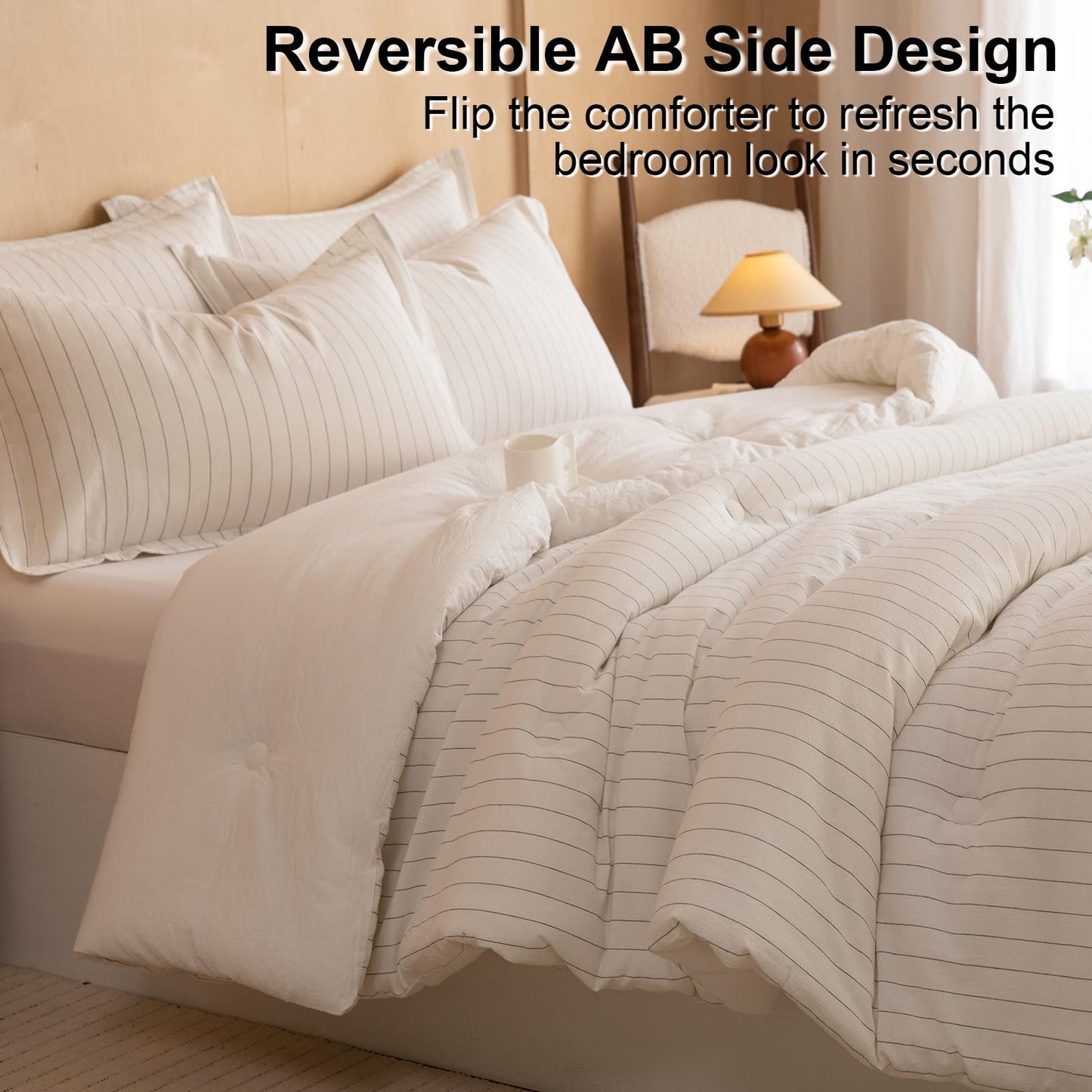 LLanCL Cotton Stripe Comforter Set Queen Size,100% Cotton Cover with Polyester Fill,Ultra Soft,Breathable,Lightweight Bedding for All Seasons,1 Comforter 90"x90" & 2 Pillow Shams 20"x26"(White)