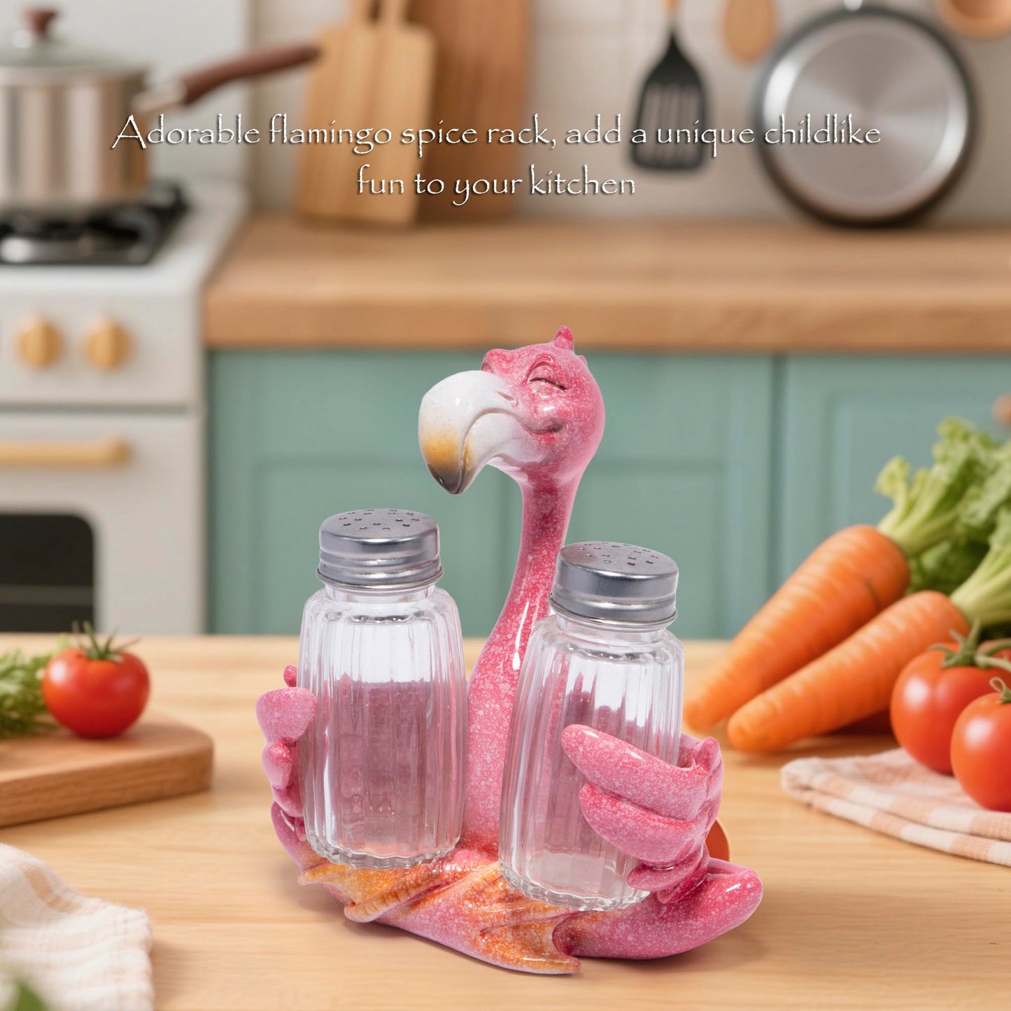 Hodao Flamingo Figurines Decorations with Salt and Pepper Shaker Flamingo Set with Holder Figurines for Summer Beach Bar and Tropical Kitchen Decor Table Decorations for Home Gifts
