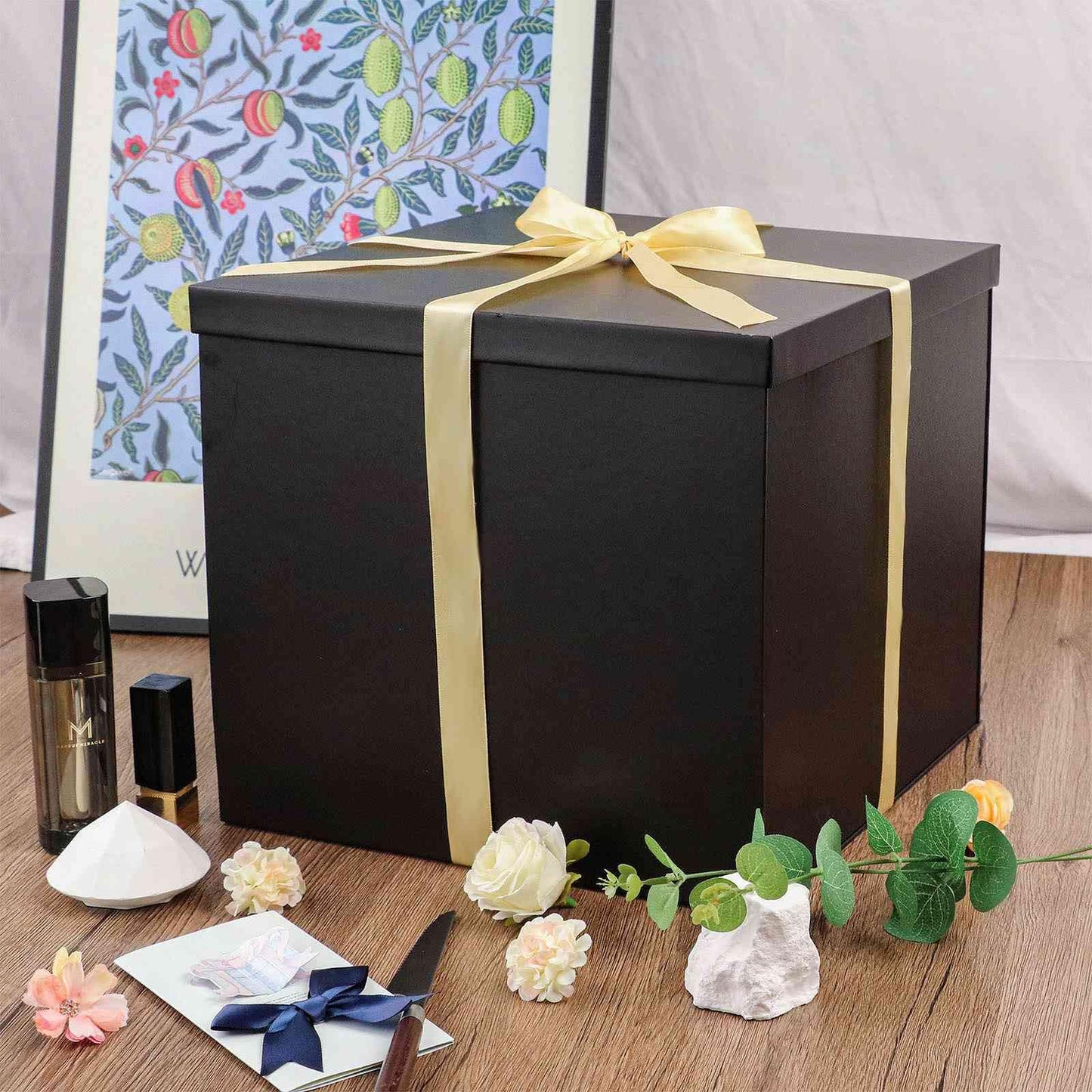 UoeRing Matte Black Large Gift Box 1Pcs 12x12x11 Inch,Gift Box with Lid for Presents Birthdays,Christmas Valentine's Day,Mother's Day, with Ribbon Card Envelope Shredded Paper Fill