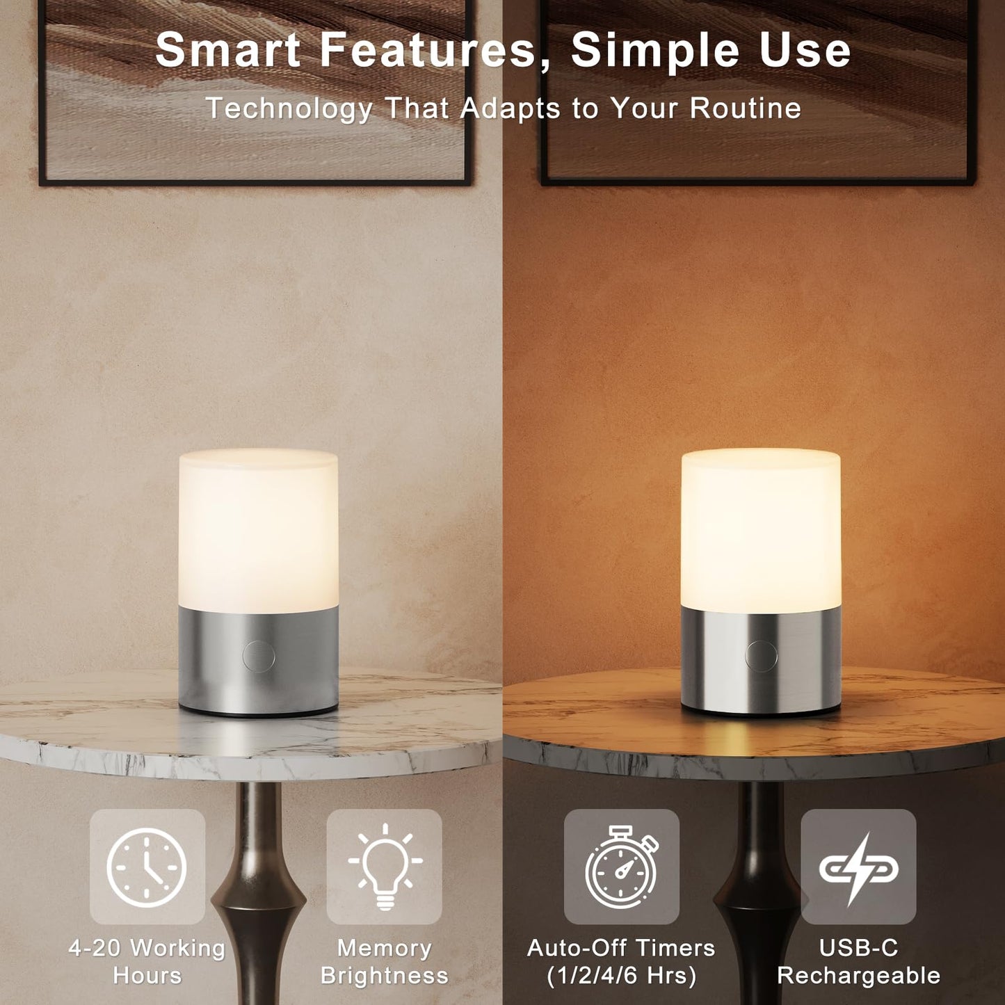 LomakGlow Small Table Lamp - Rechargeable, Portable, Up to 20-Hour Battery Life, 10 Brightness Levels, Auto-Off Timer, Waterproof, Warm Light for Bedside, Travel, Camping & Décor-Nickel Finish