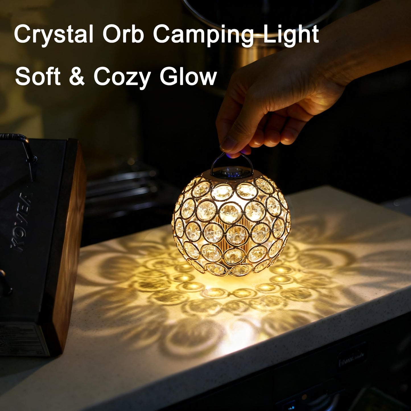Crystal Orb Camping Light with Etched Glass - 300LM Romantic Projection Light, 3-in-1 Portable Lantern for Desk, Floor & Hanging, Rechargeable, Warm White Light, IPX4, Ideal for Bedroom, Camping Gifts