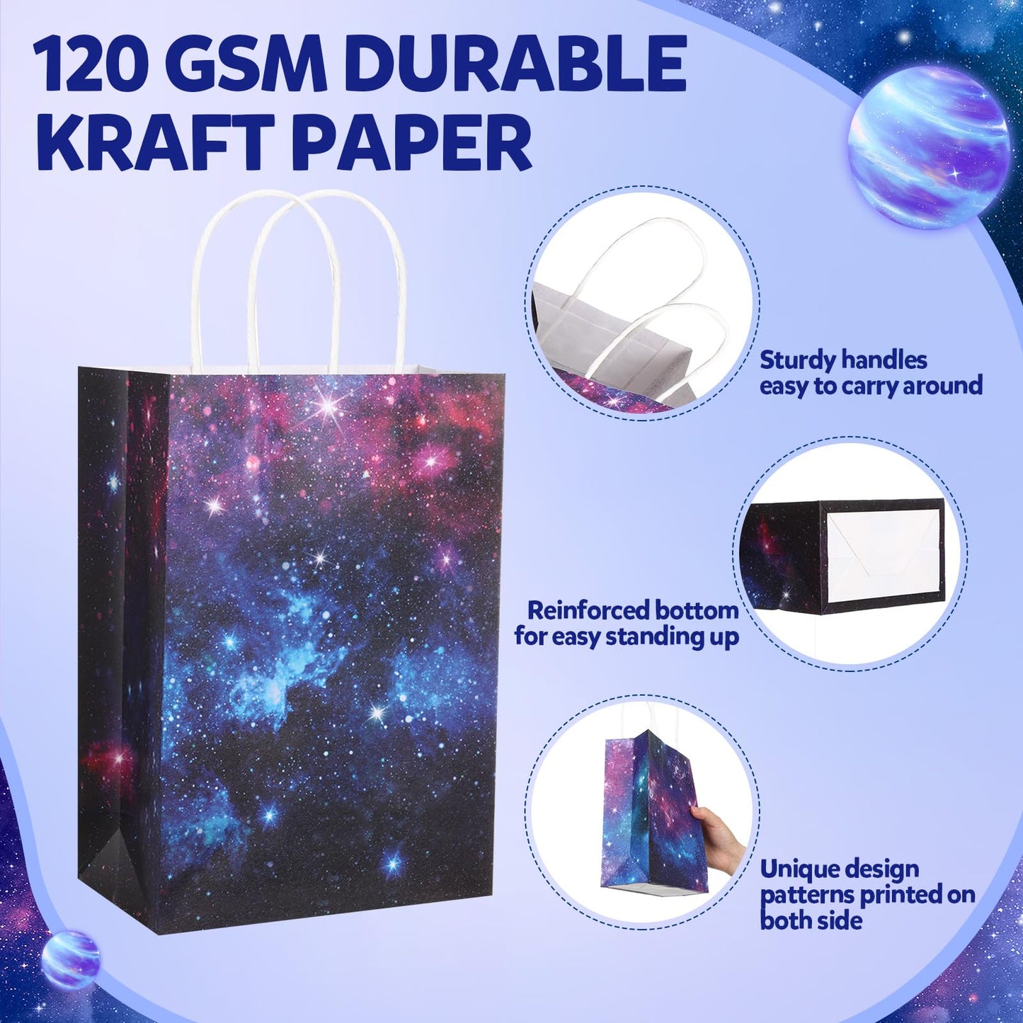 Gaillty 24 Pcs Galaxy Party Favor Bags Starry Sky Goodie Gift Bags with Handles Kraft Paper Galaxy Treat Candy Totes for Space Stars Themed Birthday Party Supplies Decorations