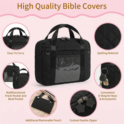 Quilted Bible Cover for Women, Zippered Bible Case with Handle, Bible Organizer Bag w/Multiple Pockets & Pen Slots Lightweight Bible Tote Bag for Church Study, Gifts for Women (Black)
