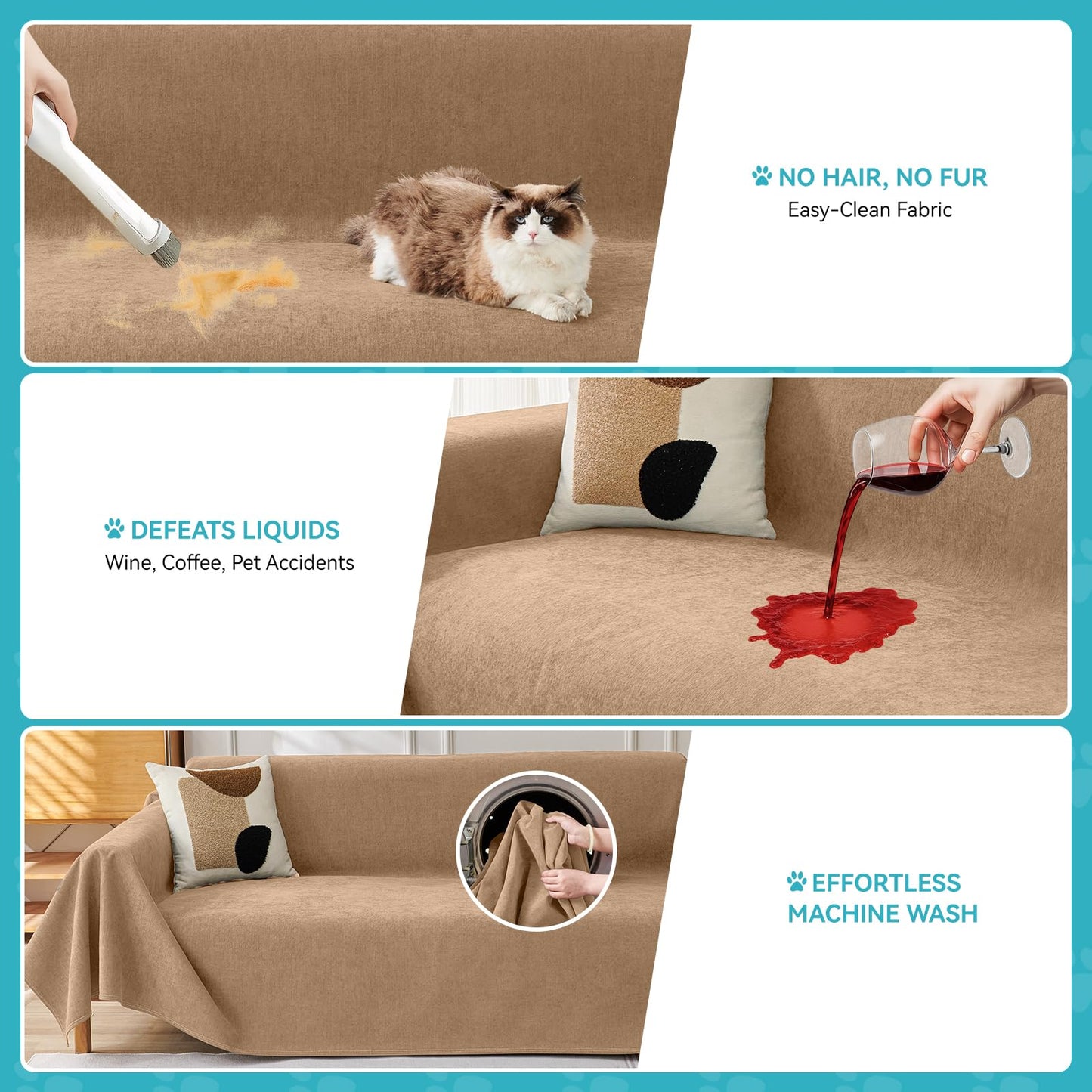 Warmstar Couch Protector from Cat Claws, Waterproof Couch Cover Anti Slip,Couch Cover 3 Cushion Sofa Washable,Anti-Scratch Pet Sofa Cover Heavy Duty,91"X150", Brown