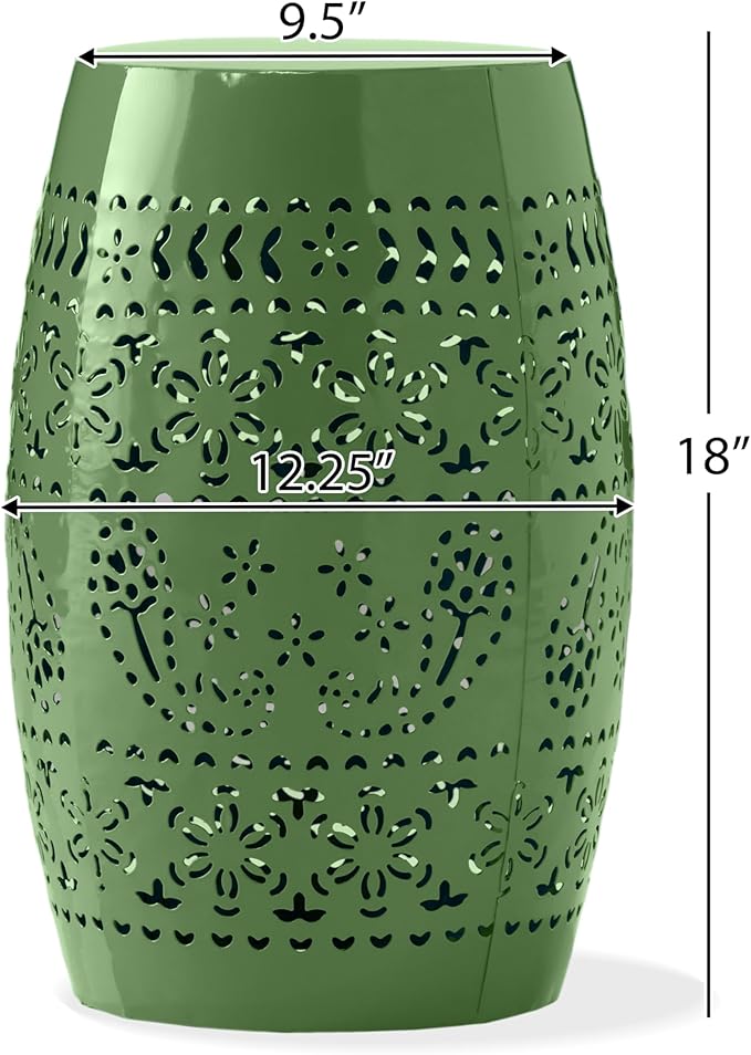 Christopher Knight Home Zoey Small Outdoor Side Table, Lace Cut Iron End Table, Metal Outdoor Stool, Hollow Drum Round Side Table, Decorative Garden Stool with Cutout Design for Patio Balcony, Green