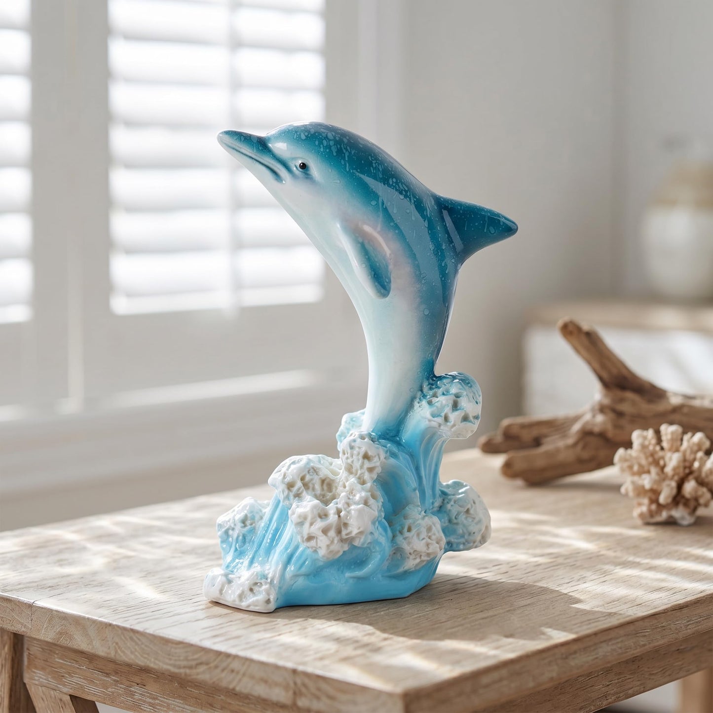 Brizoria Dolphin Decor Nautical Decor Leaping Dolphin Figurines Blue White Gradient Resin Ocean Themed Decor for Tabletop Shelf Desk Living Room Bedroom Office