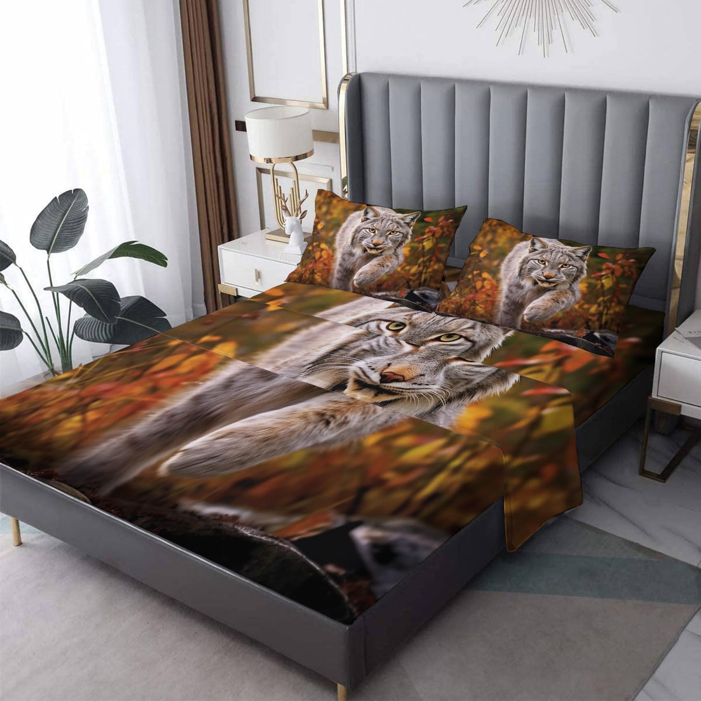 zcsm Lynx Sheets King Sheet Sets - 3D Animal Bed Sheets, Soft Microfiber & Deep Pocket & Wrinkle Free Patterned Bedding Sheets & Pillowcases, 4 Piece (1 Fitted Sheet, 1 Flat Sheet, 2 Pillow Cases)