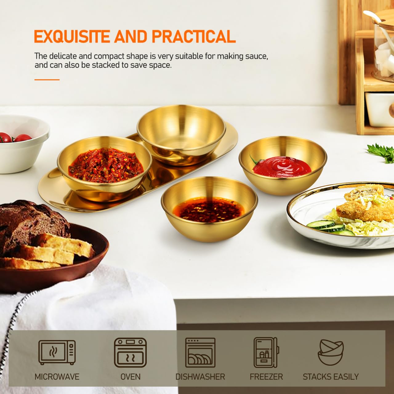 AUTSUPPL Gold Stainless Steel Sauce Bowl Tray Set with 6 Small Dipping Bowls and 2 Decorative Oval Trays for Sushi Seasoning and Home Dining