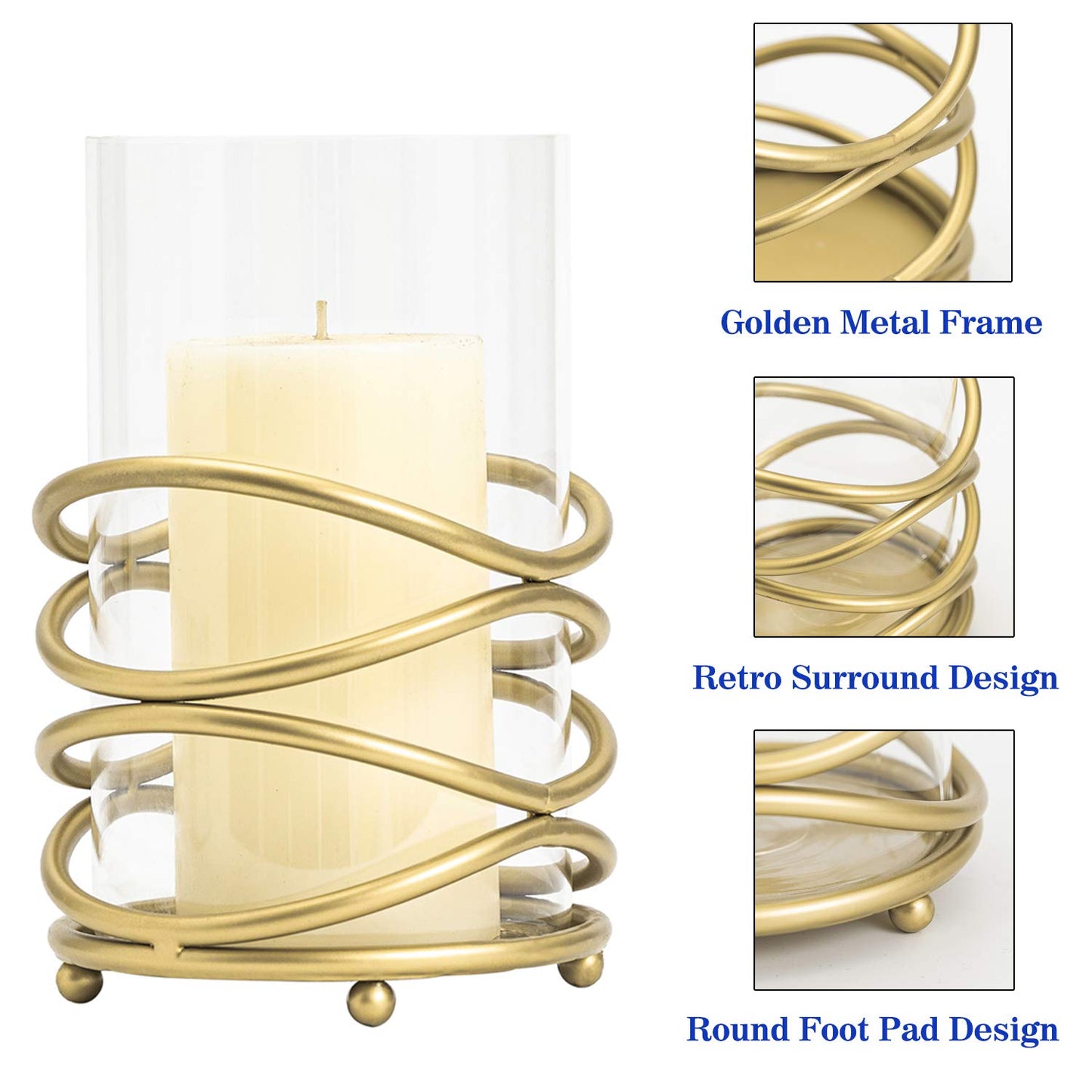 Hurricane Glass Pillar Candle Holder Craftsmanship with Removable Glass for Halloween, Christmas, Thanksgiving, New Year, Wedding Party Anniversary Home Decor (Gold)