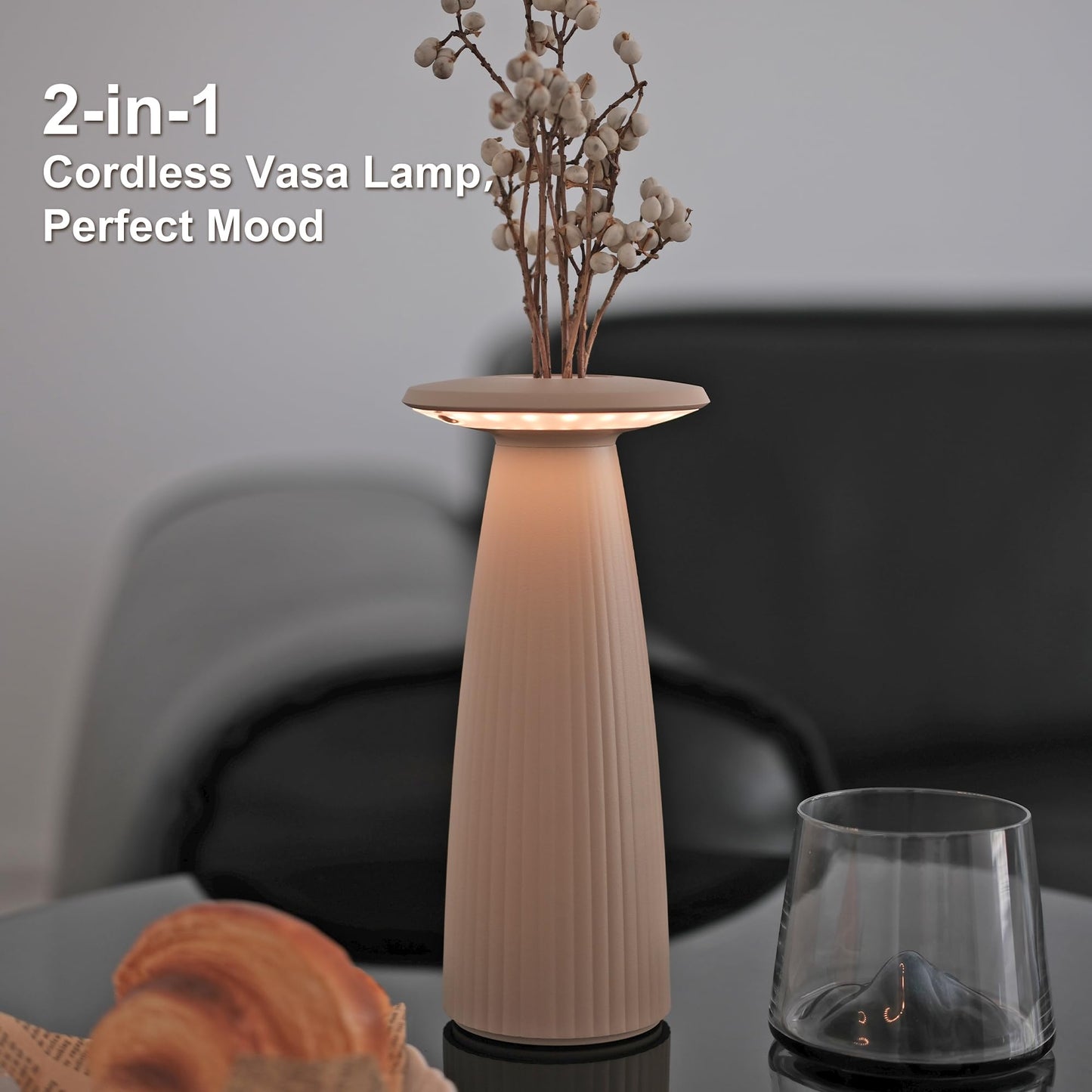 UBIQUA 2-in-1 Cordless Table Lamp - Flora MINI, Vase Lamp with Magnetic Charging, Dimmable & Adjustable Lighting, IP65 - Rechargeable LED Lamp for HoReCa, Living Room, Outdoor Use (Sand)