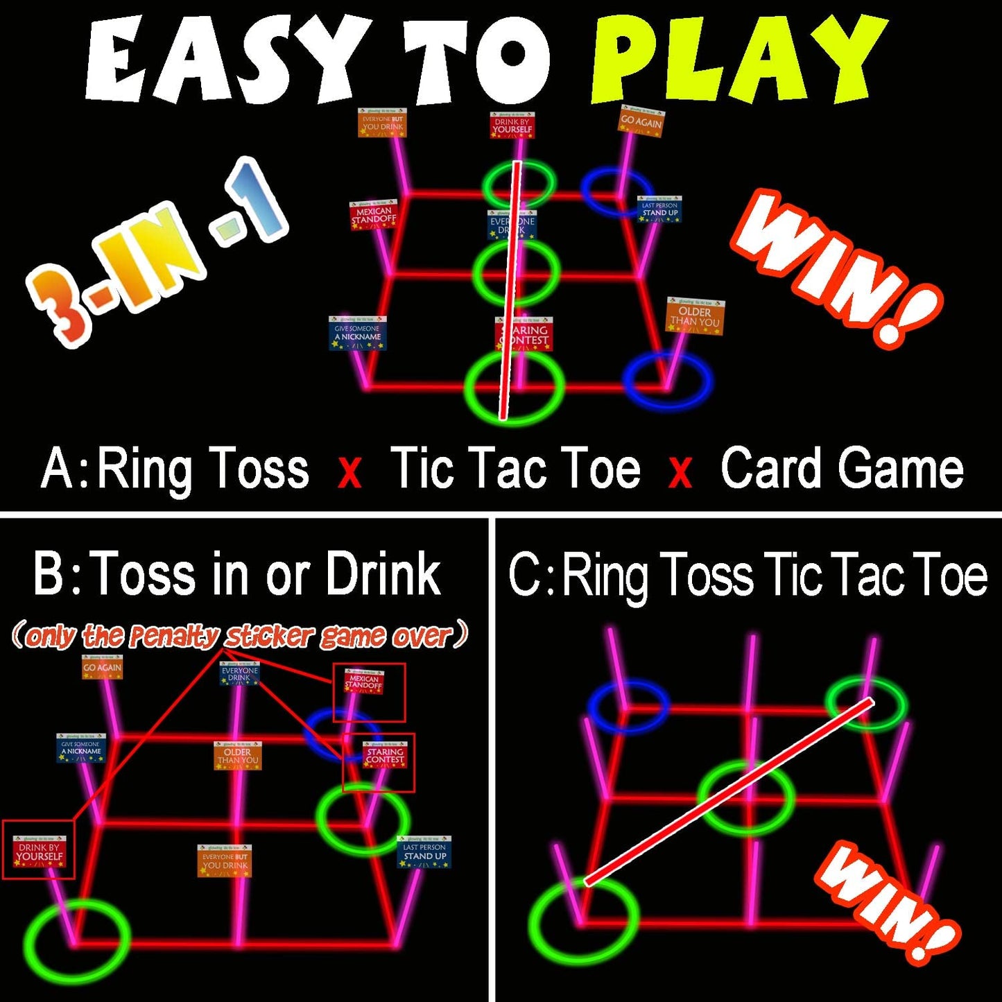 Ring Toss Games Glowing 3-in-1 Tic Tac Toe Game Indoor/Outdoor Games for Adults and Family - Fun Camping, Backyard Toys, Carnival Games or Dorm Room Game, Sticker with Content